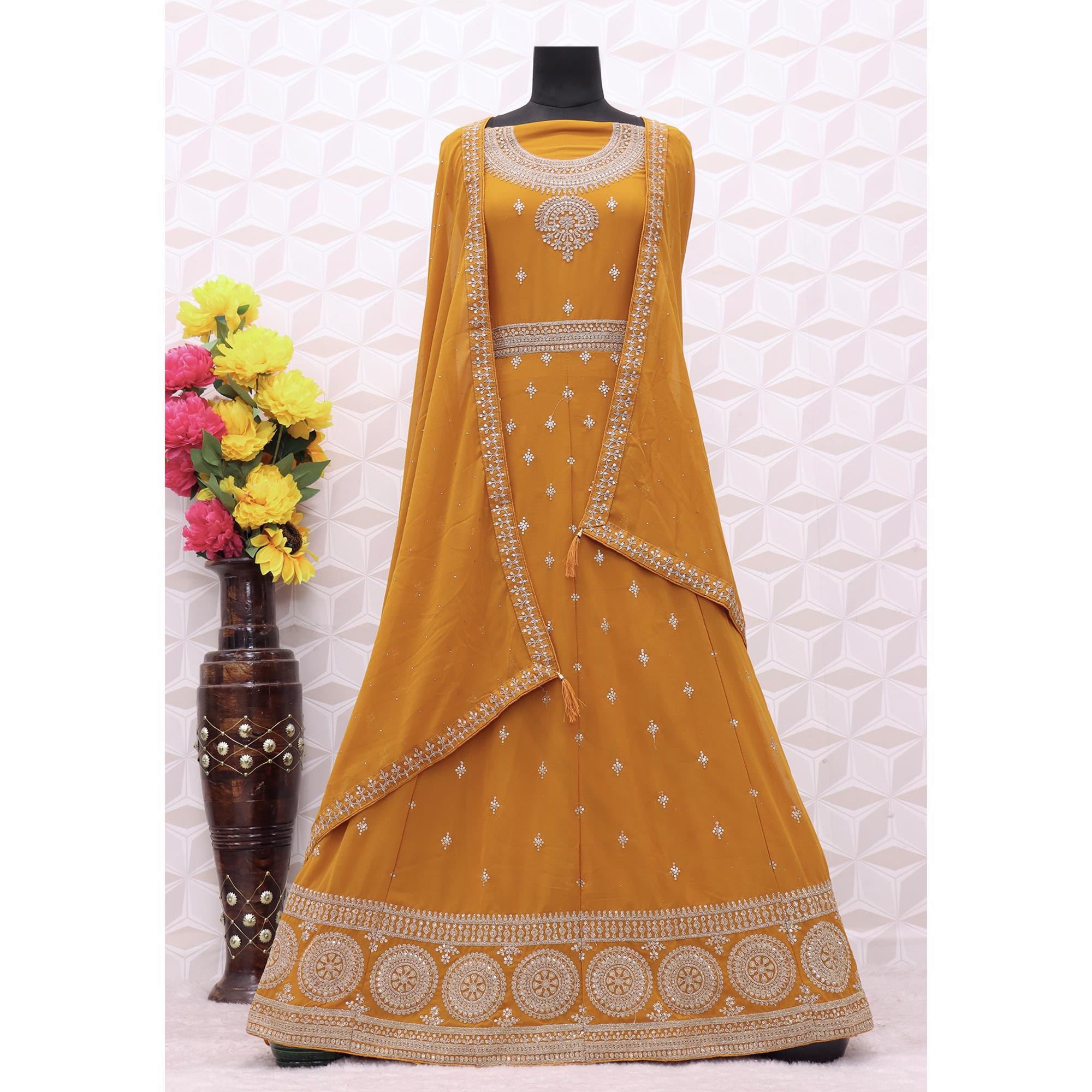 Yellow Orange Sequins Embroidered Georgette Semi Stitched Anarkali Suit