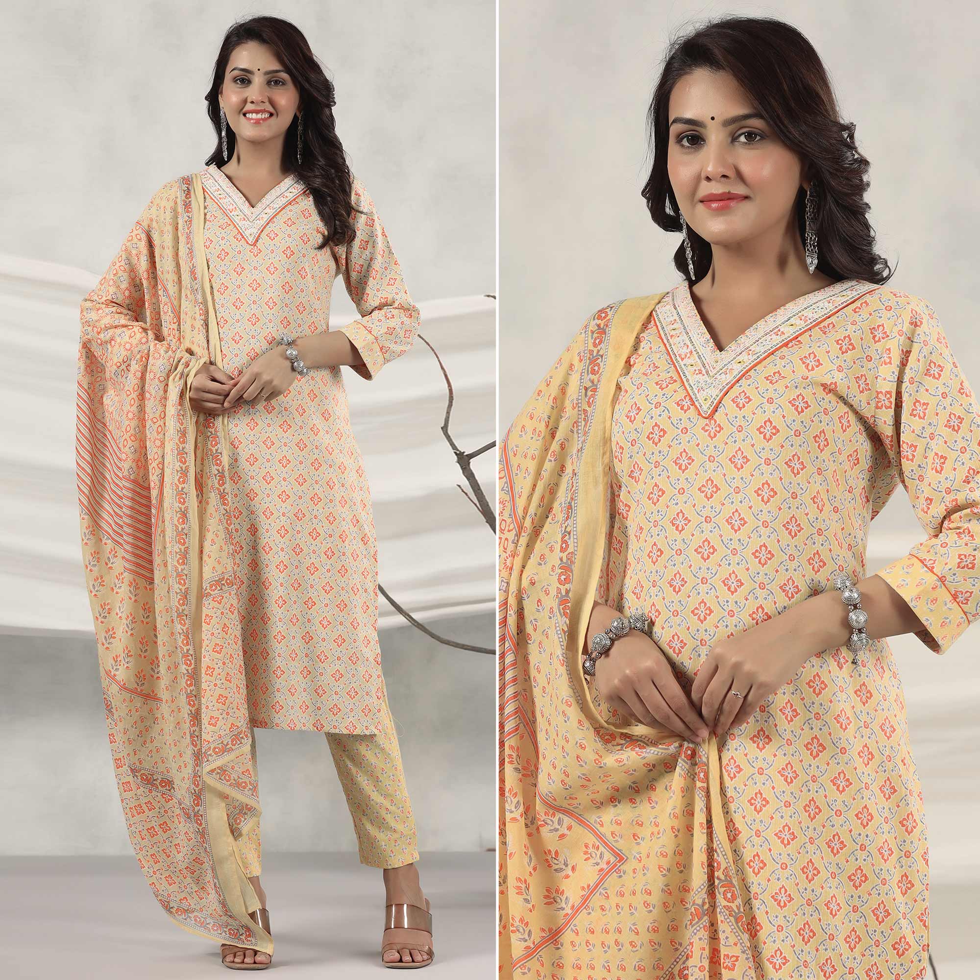 Yellow Jaipuri Printed Pure Cotton Suit