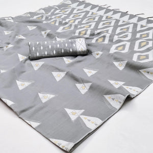Grey Woven Cotton Saree With Tassels