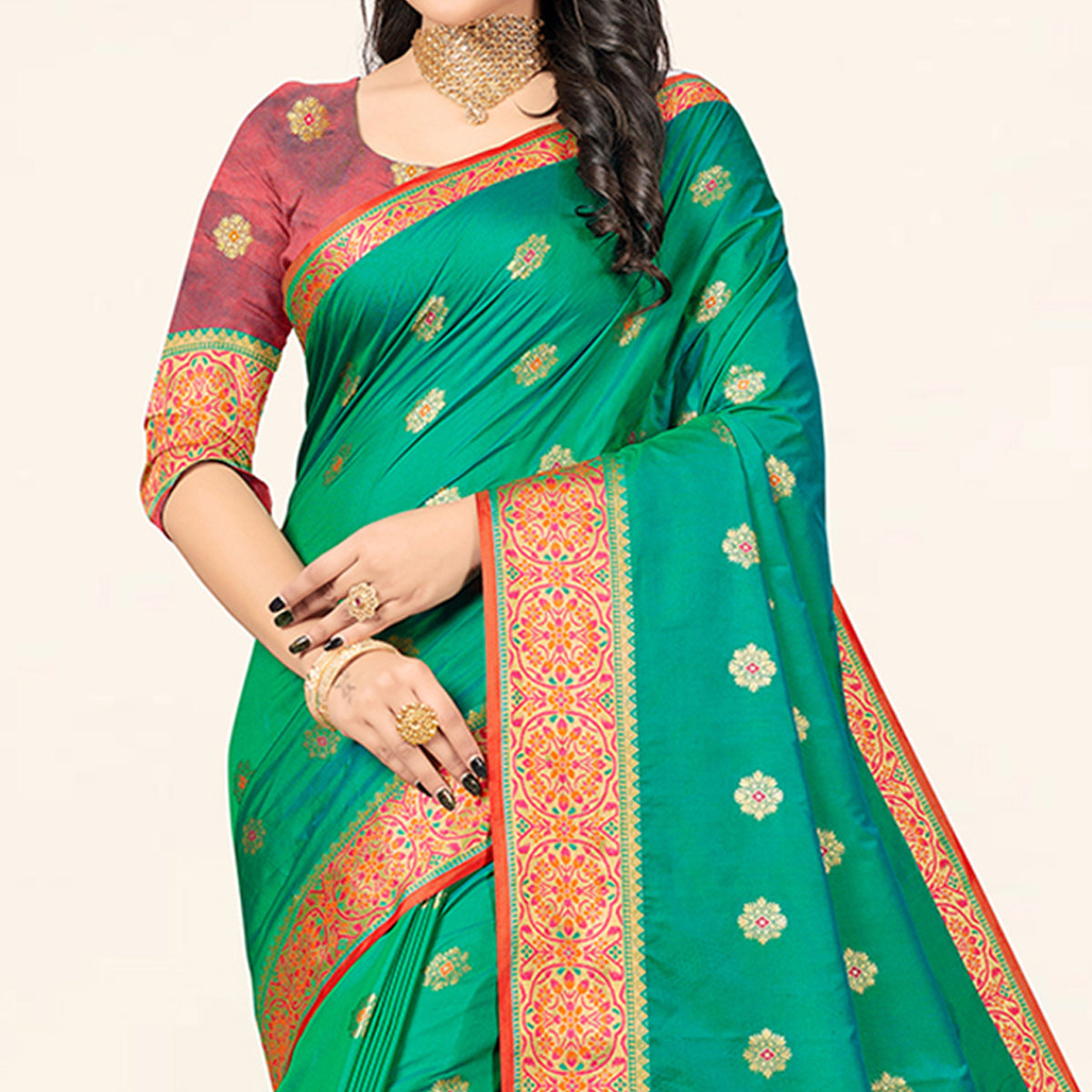 Sea Green Woven Art Silk Saree With Tassels