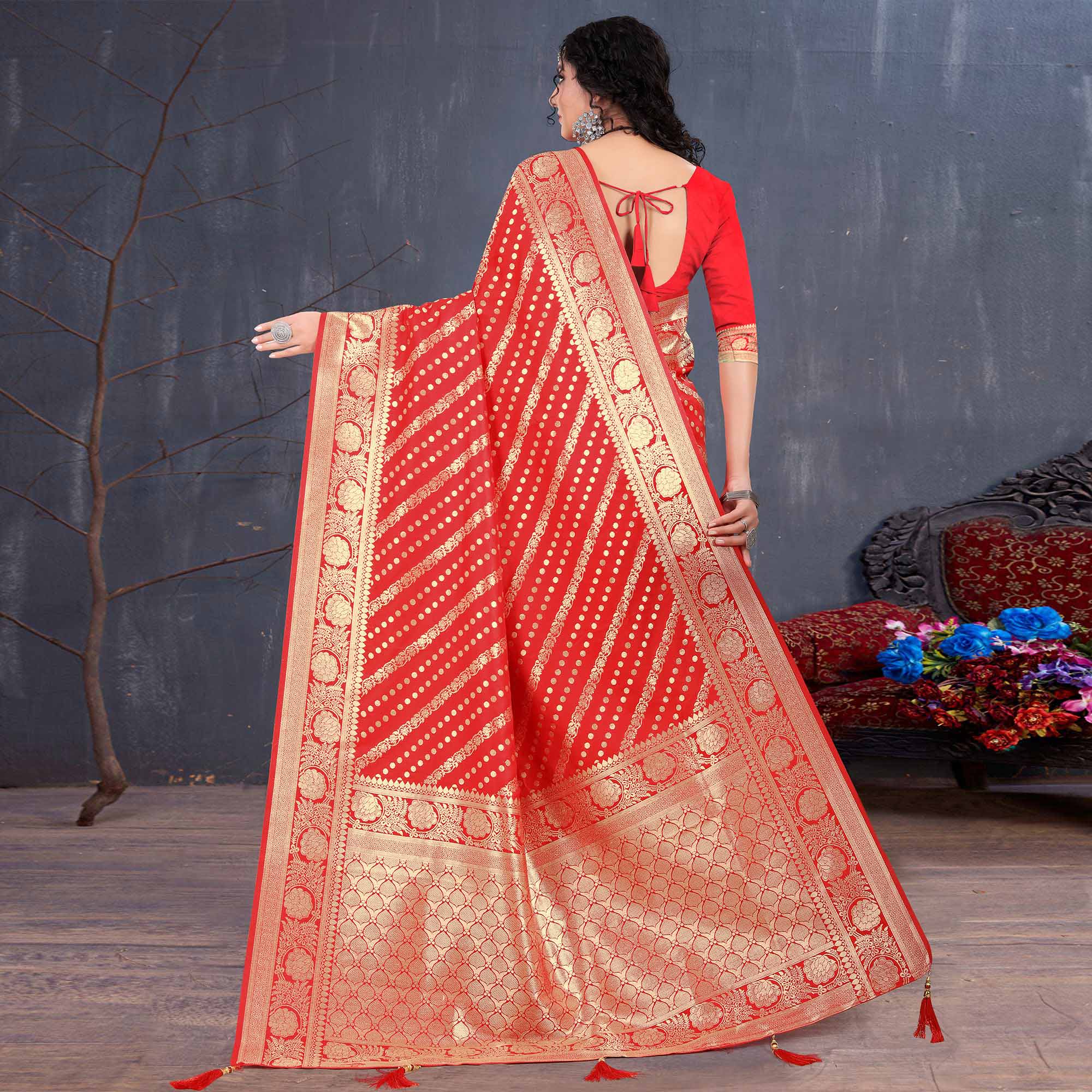 Red Woven Banarasi Silk Saree With Tassels
