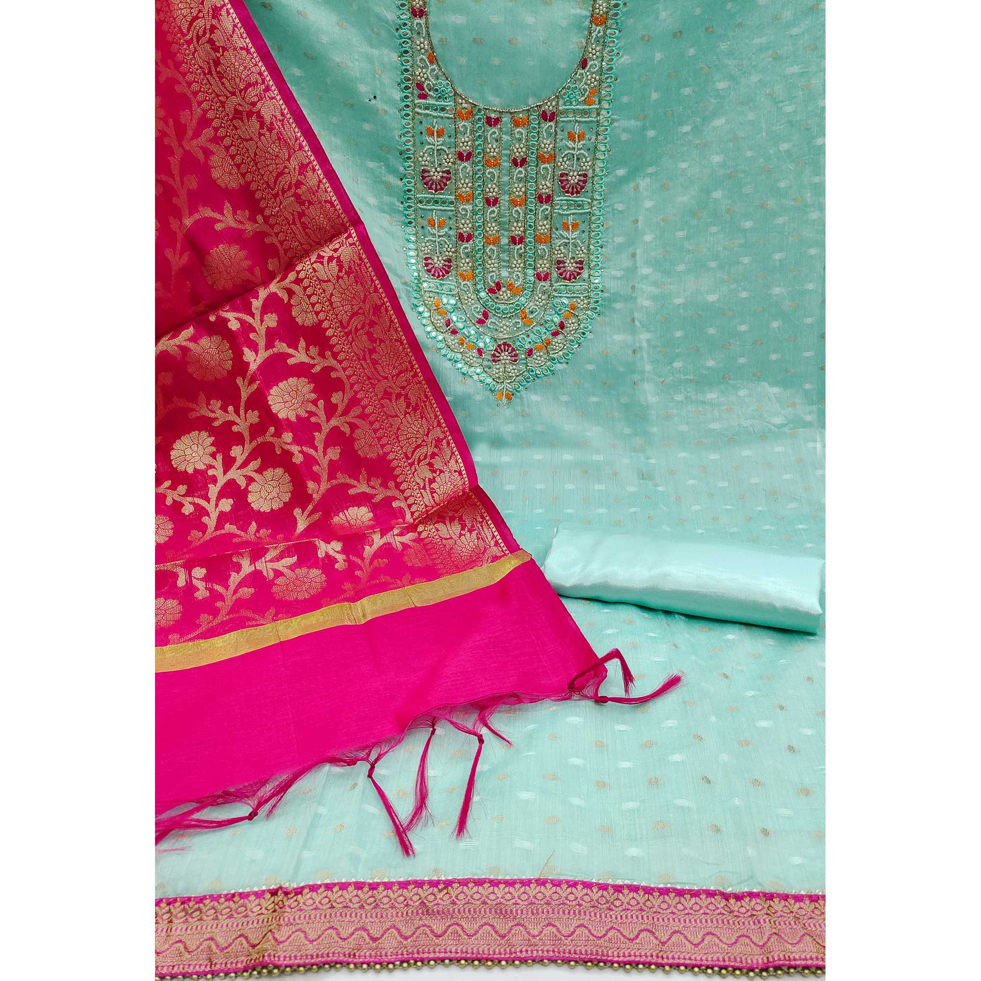 Light Aqua Blue Woven With Handwork Banarasi Silk Dress Material