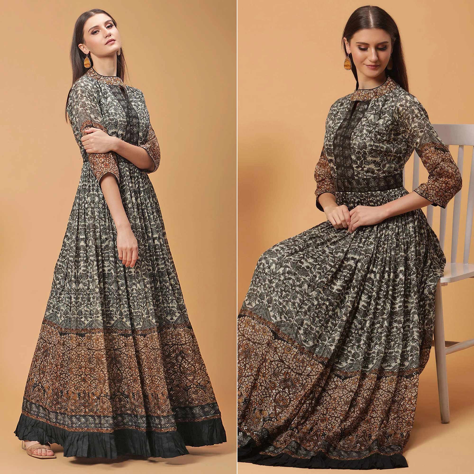 Black Digital Printed Dola Silk Gown