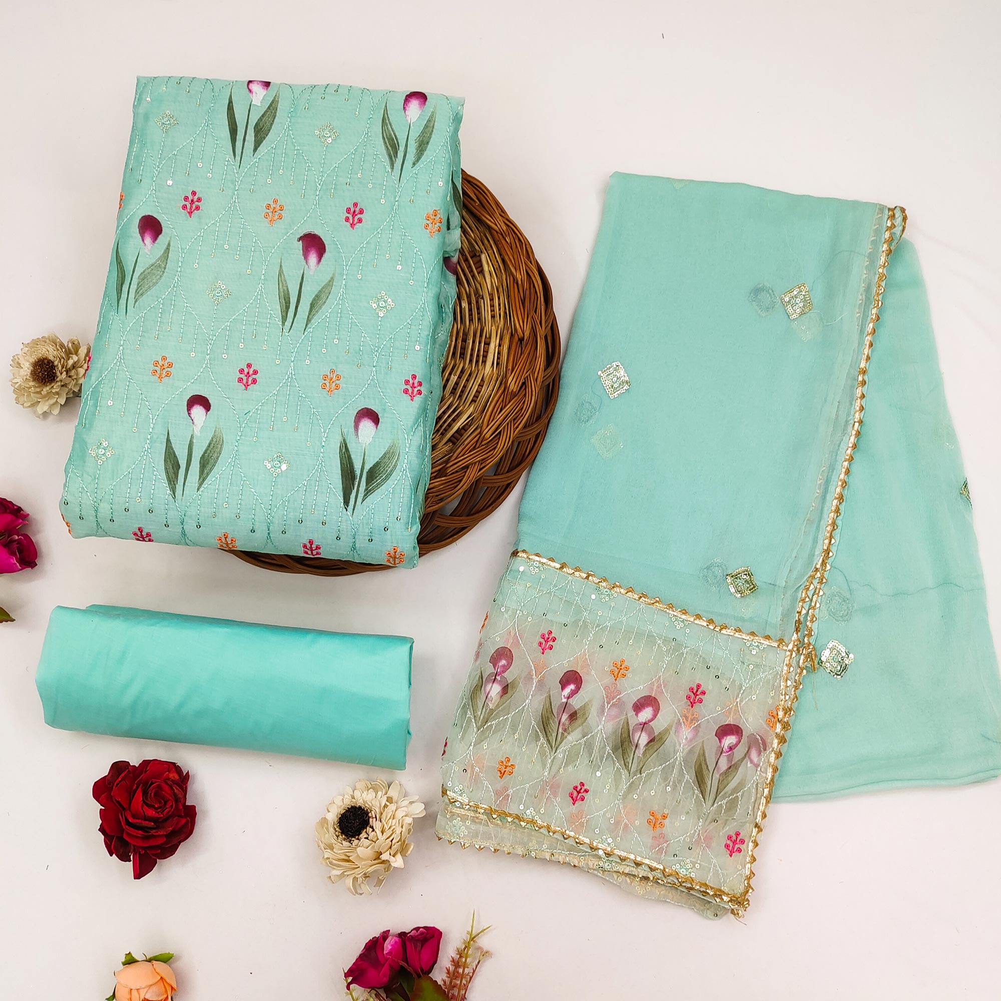 Blue Sequins Embroidered Chanderi Dress Material