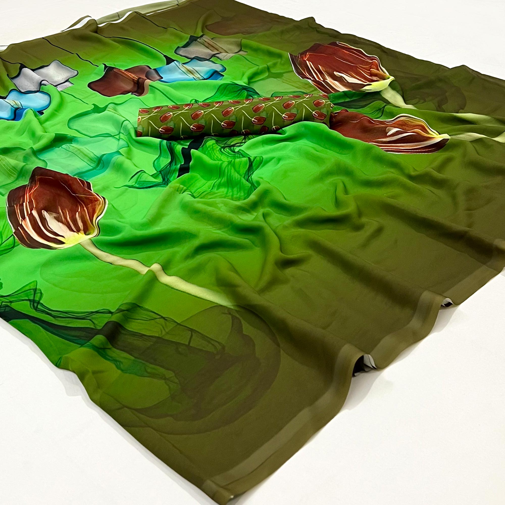 Green Floral Digital Printed Georgette Saree