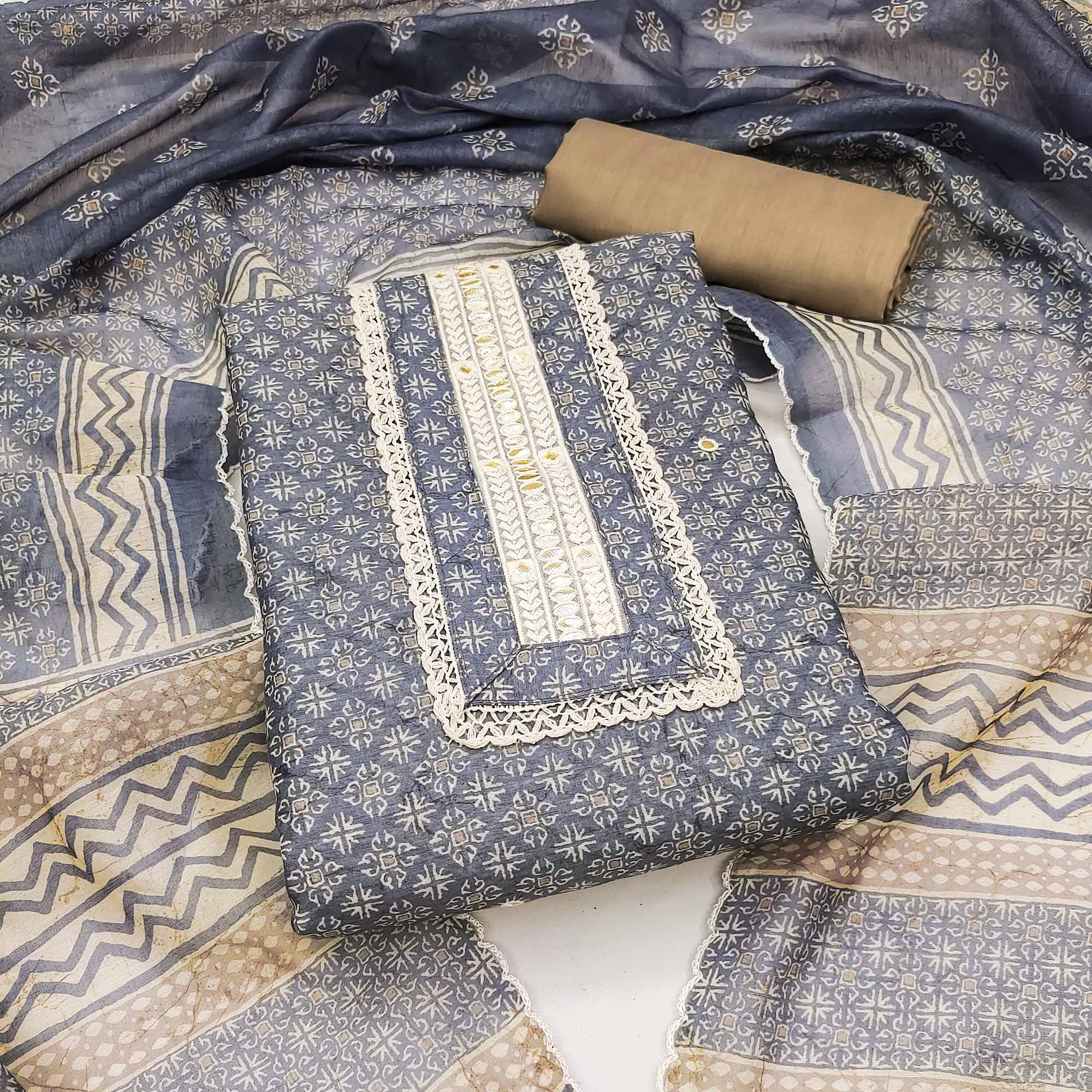 Blue Digital Printed With Embroidered Chanderi Dress Material