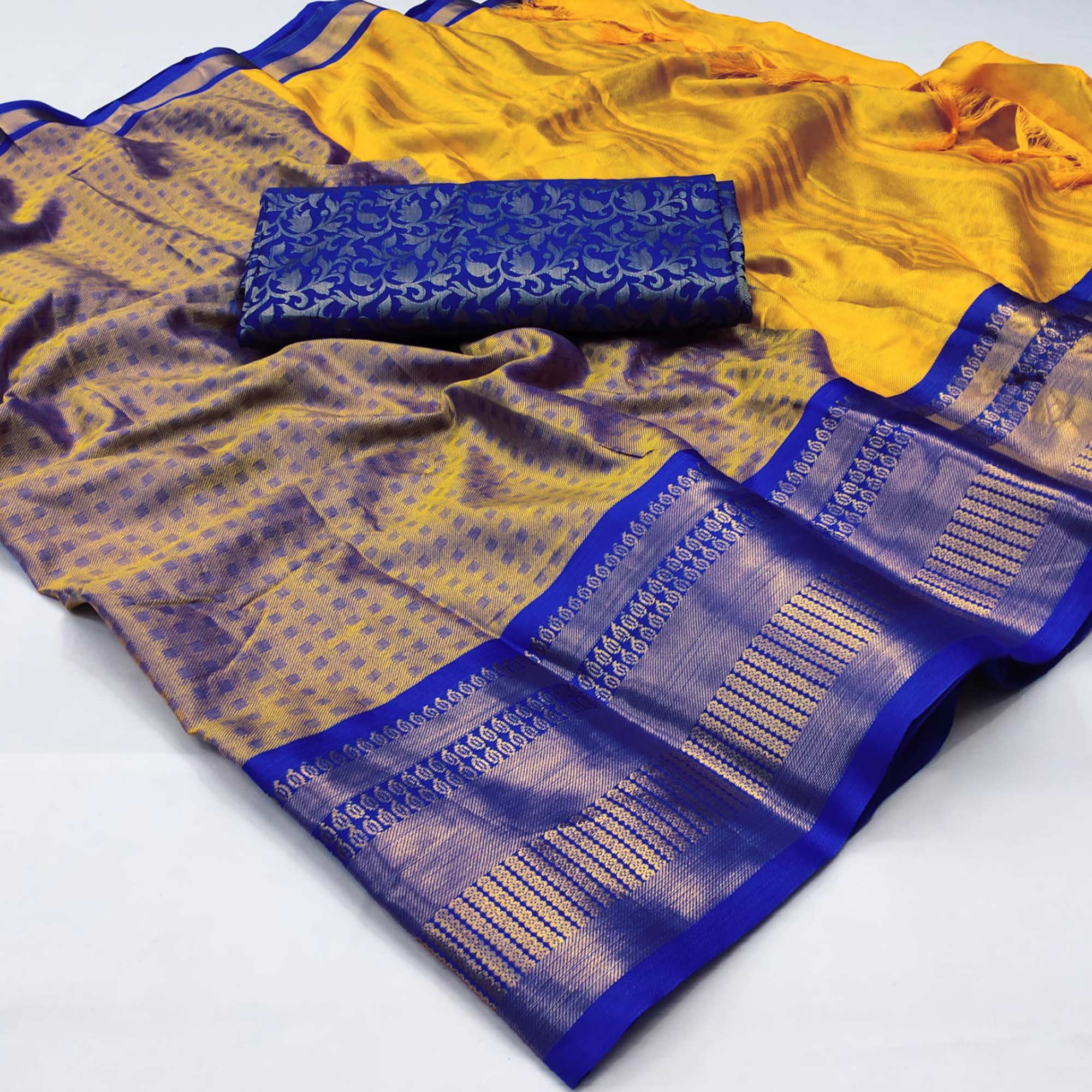 Golden Woven Cotton Silk Saree With Tassels