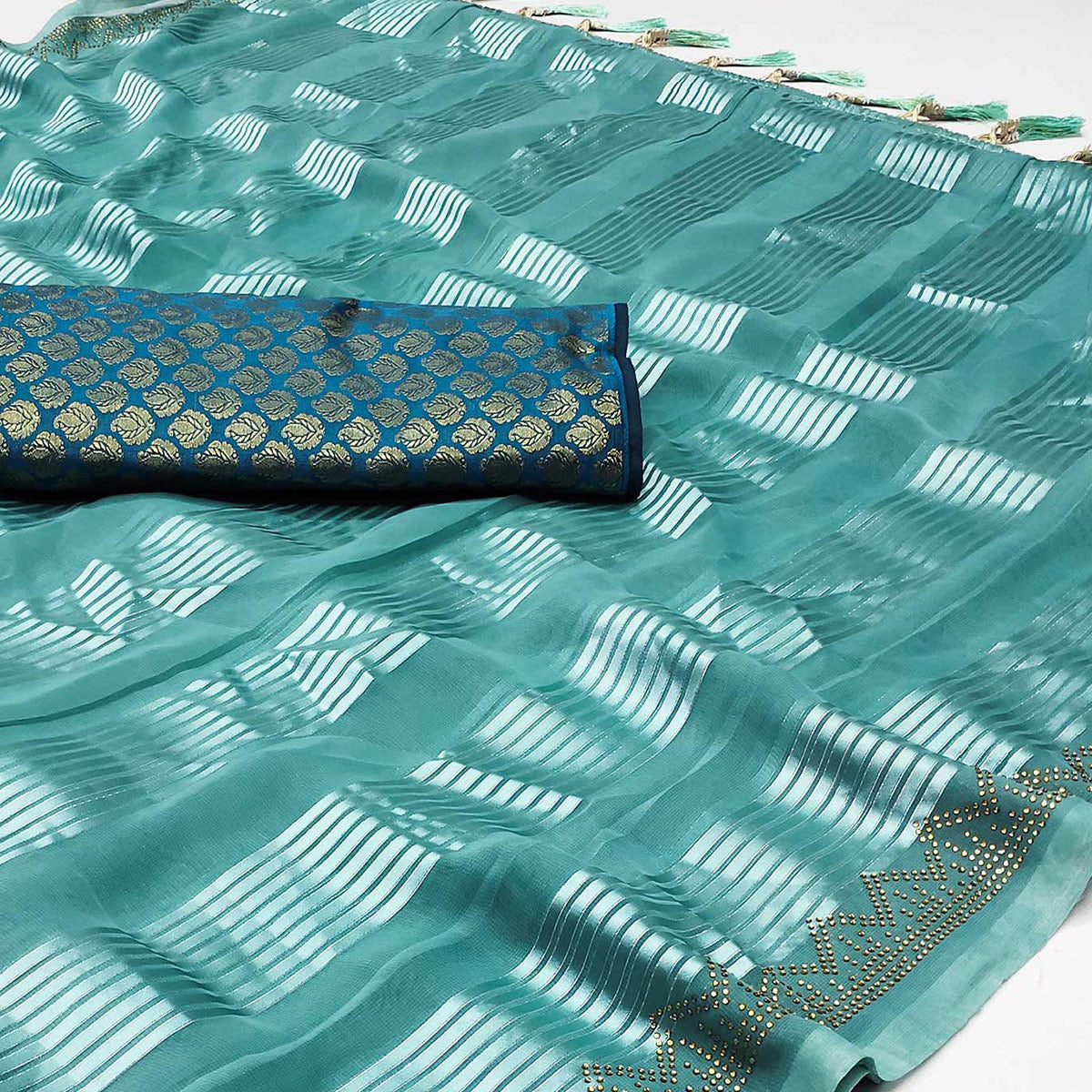 Blue Striped With Stone Work Georgette Saree