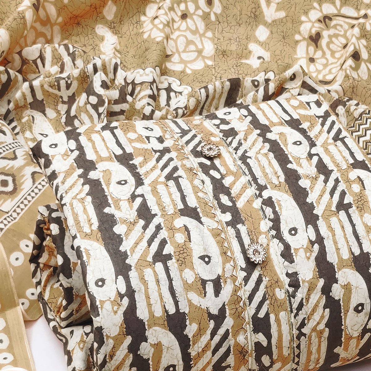 Yellow Printed Cotton Blend Dress Material