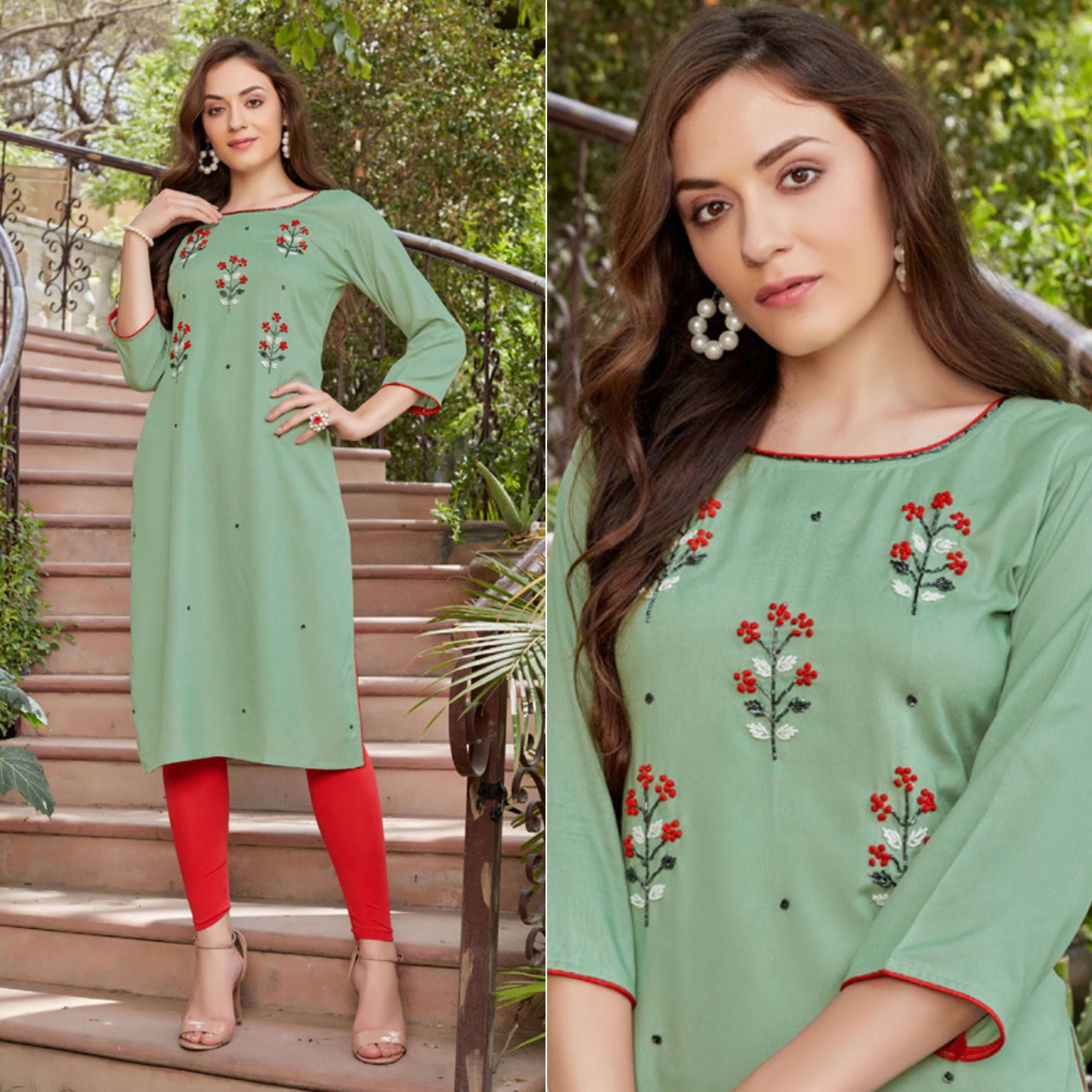 Green Embroidered Rayon Kurti