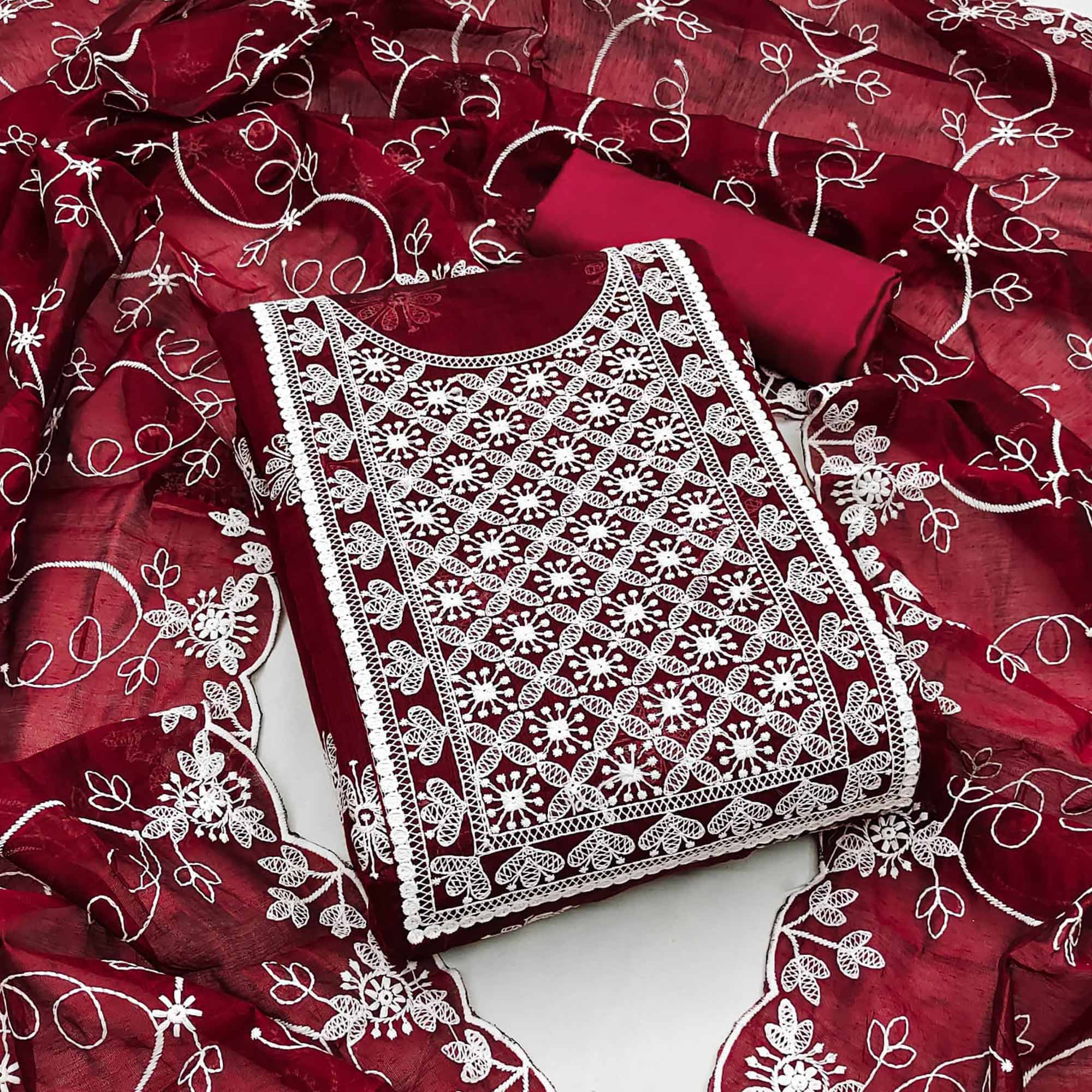 Maroon Floral Embroidered Chanderi Dress Material