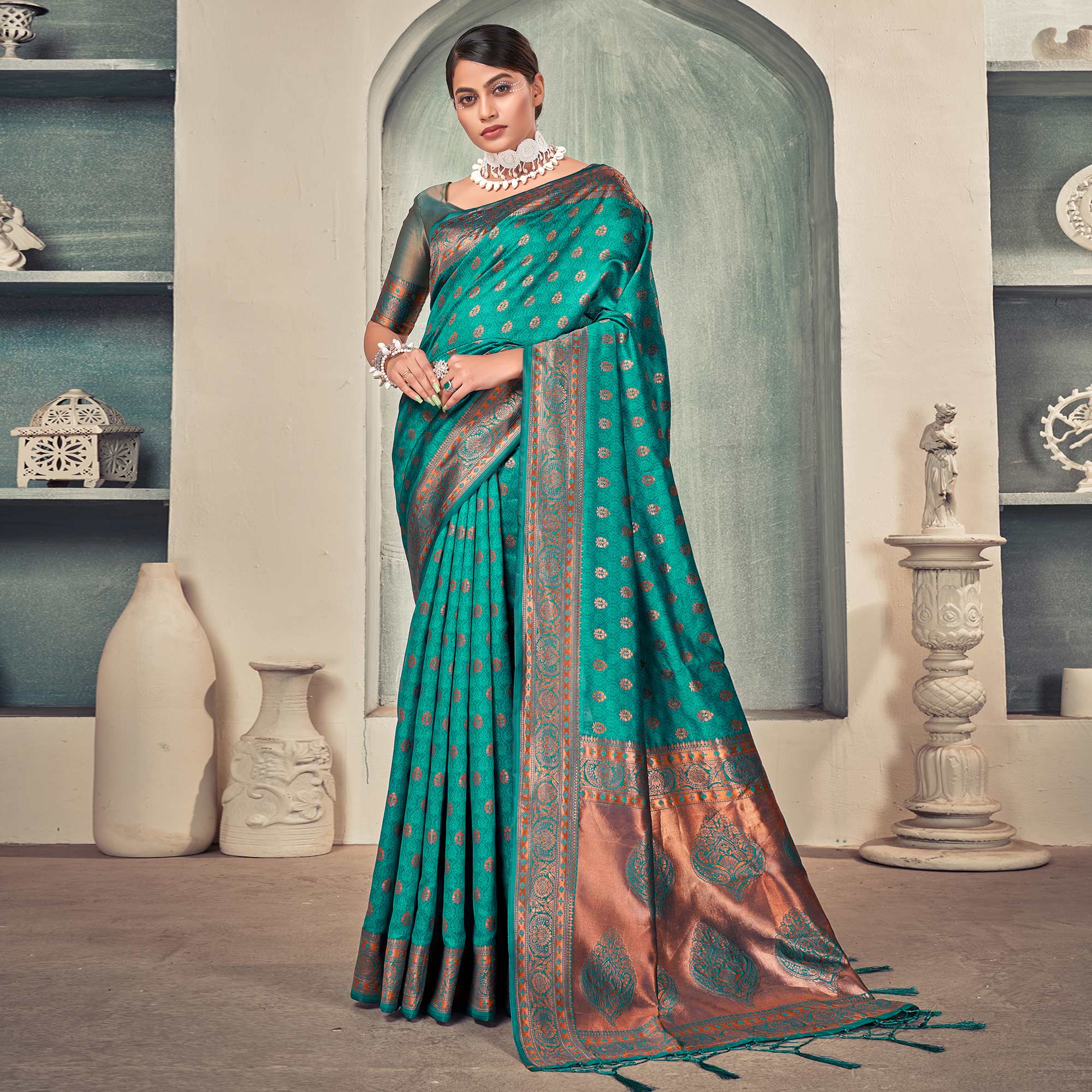 Turquoise Woven Art Silk Saree With Tassels