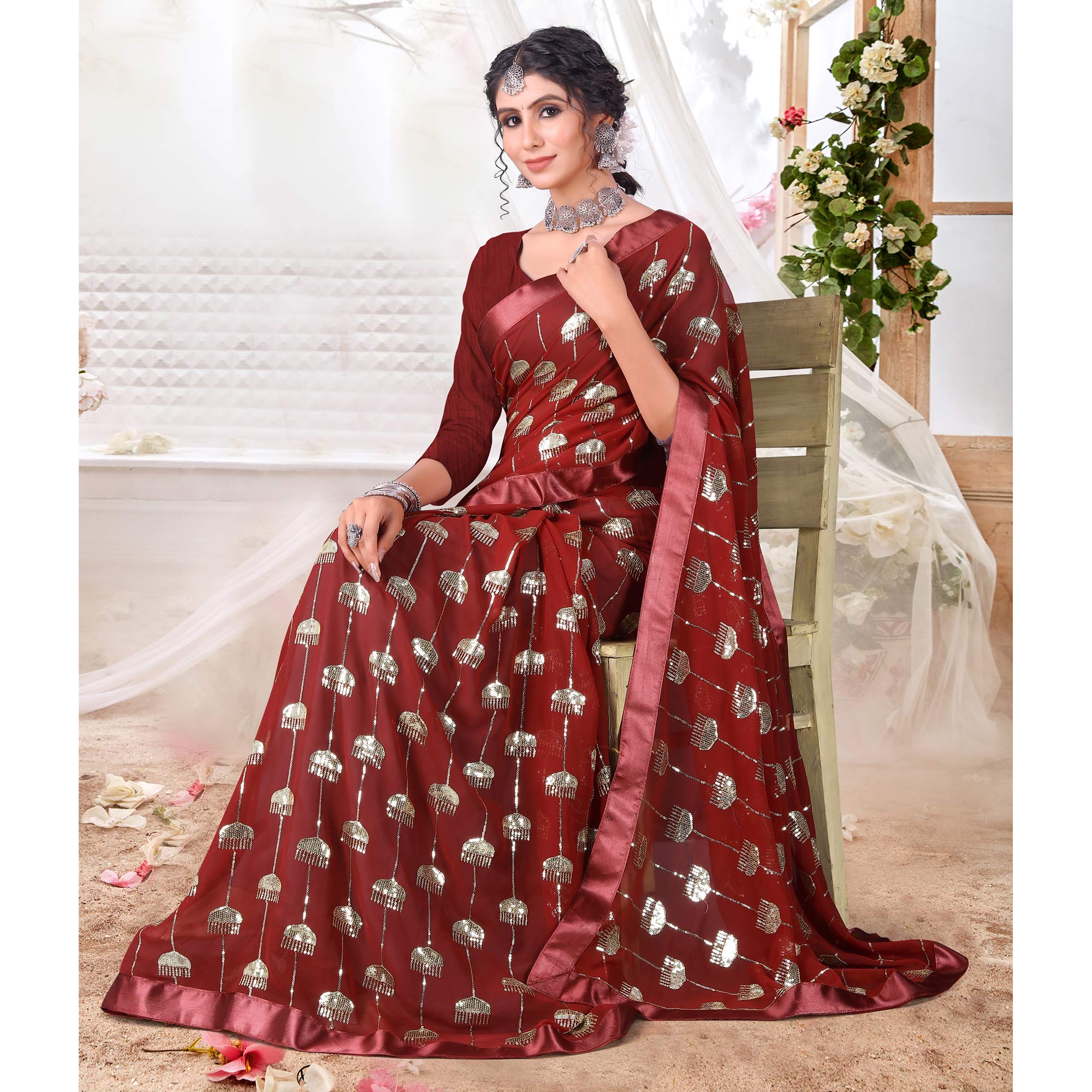 Maroon Sequins Embroidered Georgette Saree