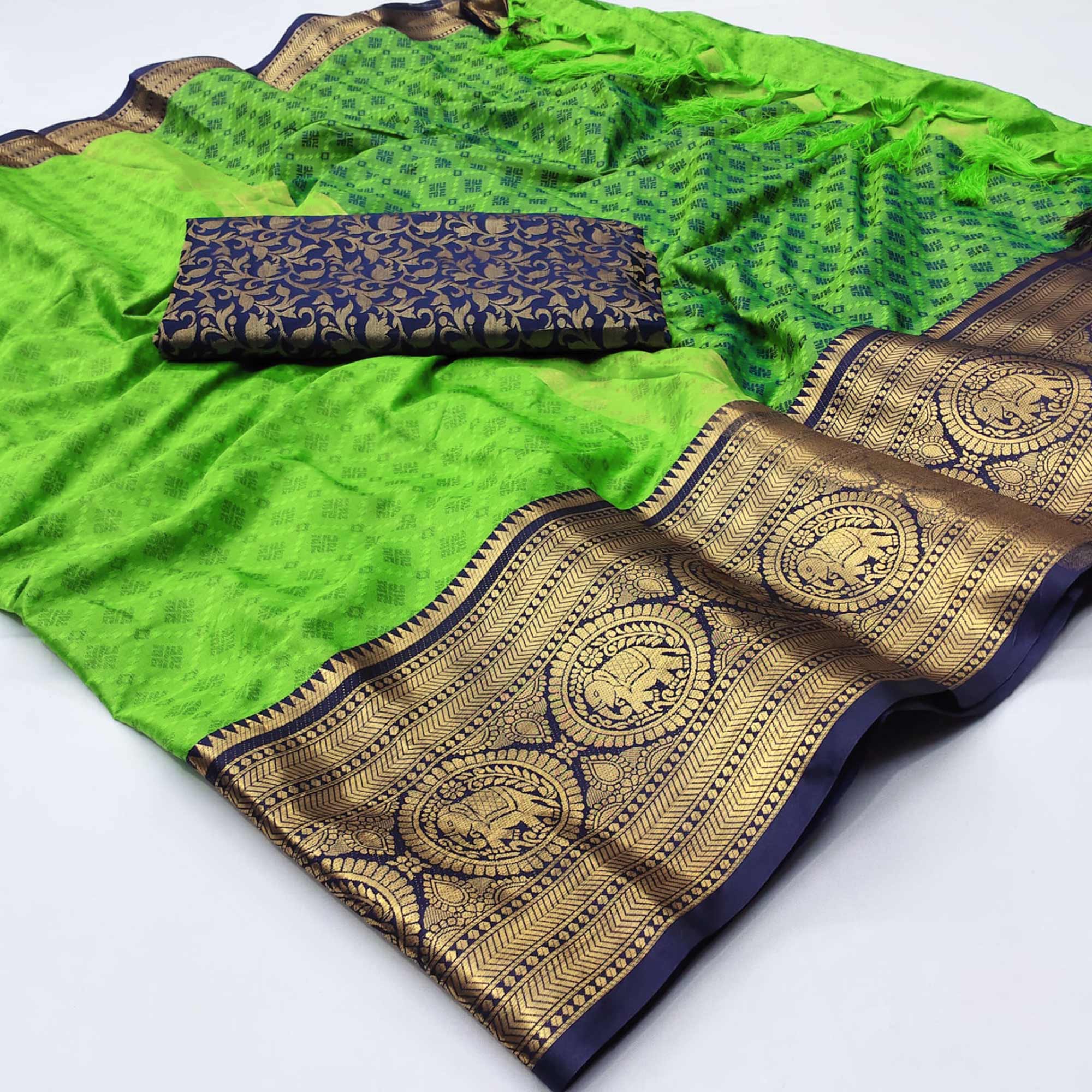 Parrot Green Woven Cotton Silk Saree With Tassels