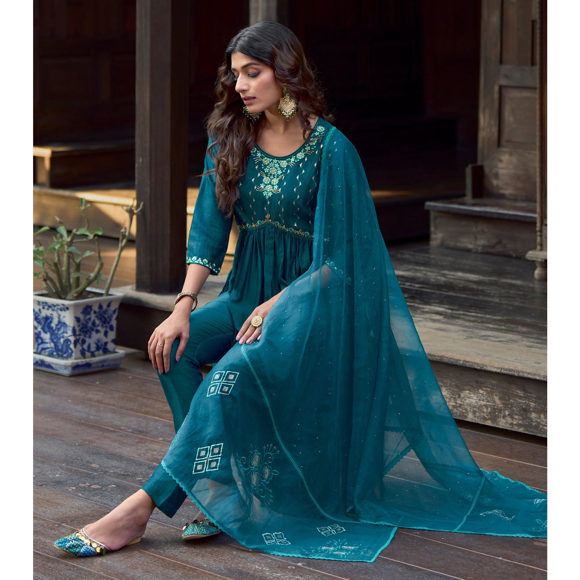 Teal Blue Floral Embroidered Art Silk Naira Cut Suit