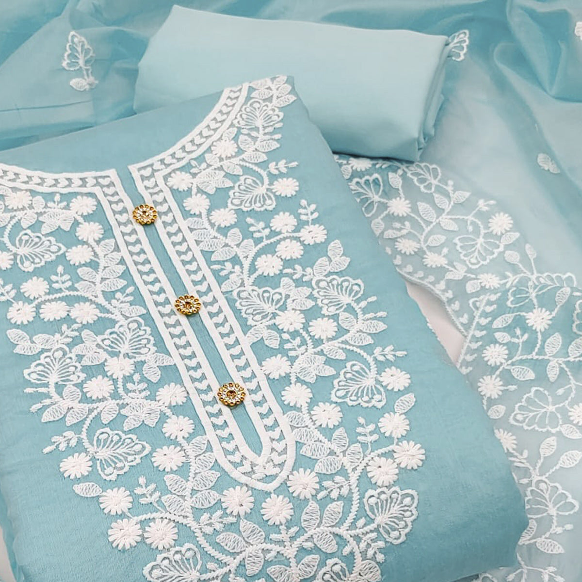 Sky Blue Floral Embroidered Modal Dress Material