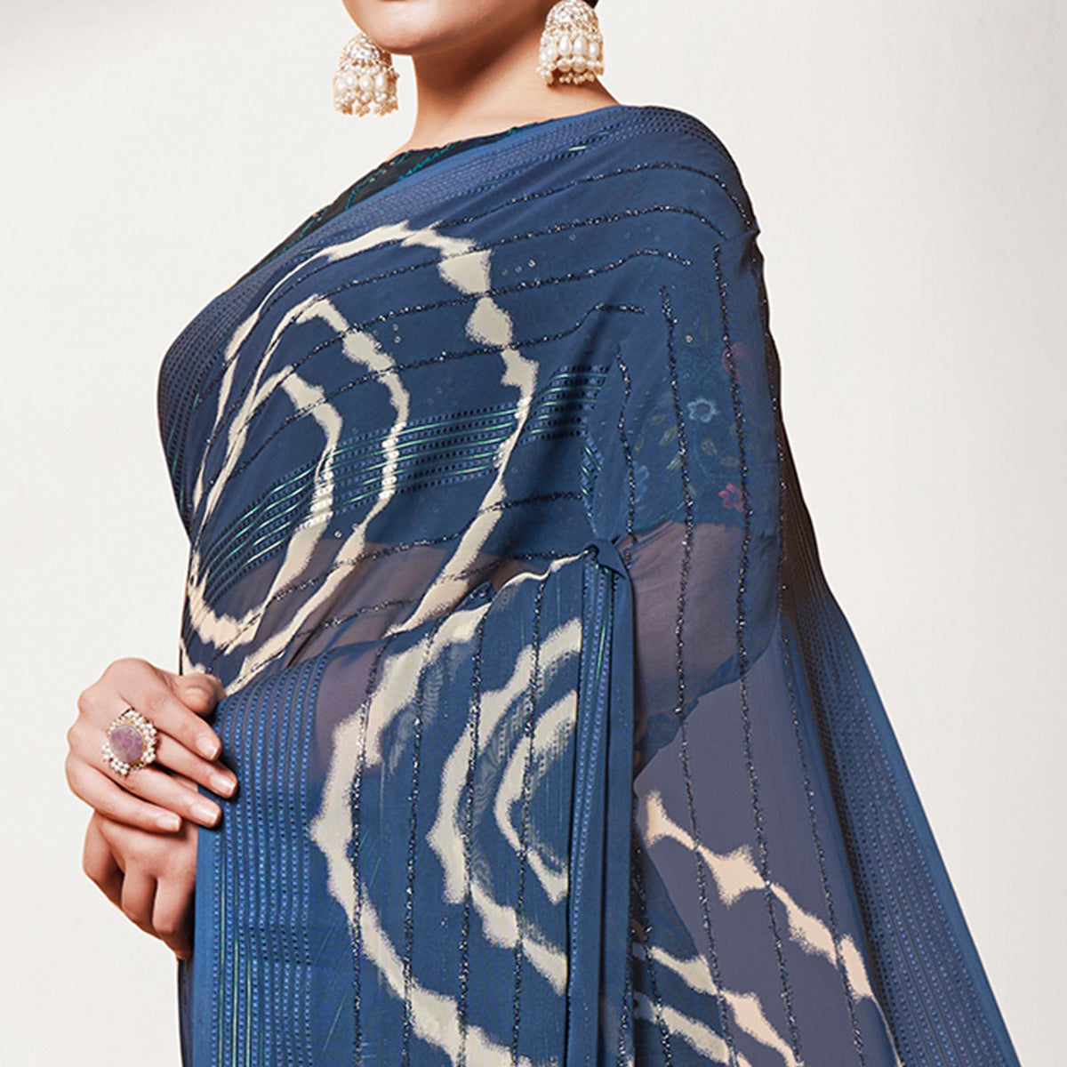 Teal Blue Printed Wiht Embroidered Georgette Saree