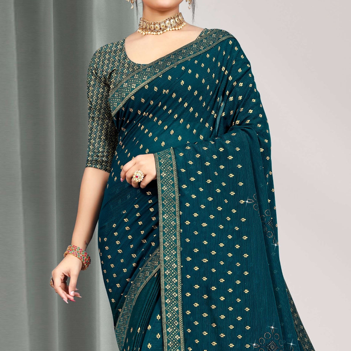 Teal Blue Woven Chiffon Saree