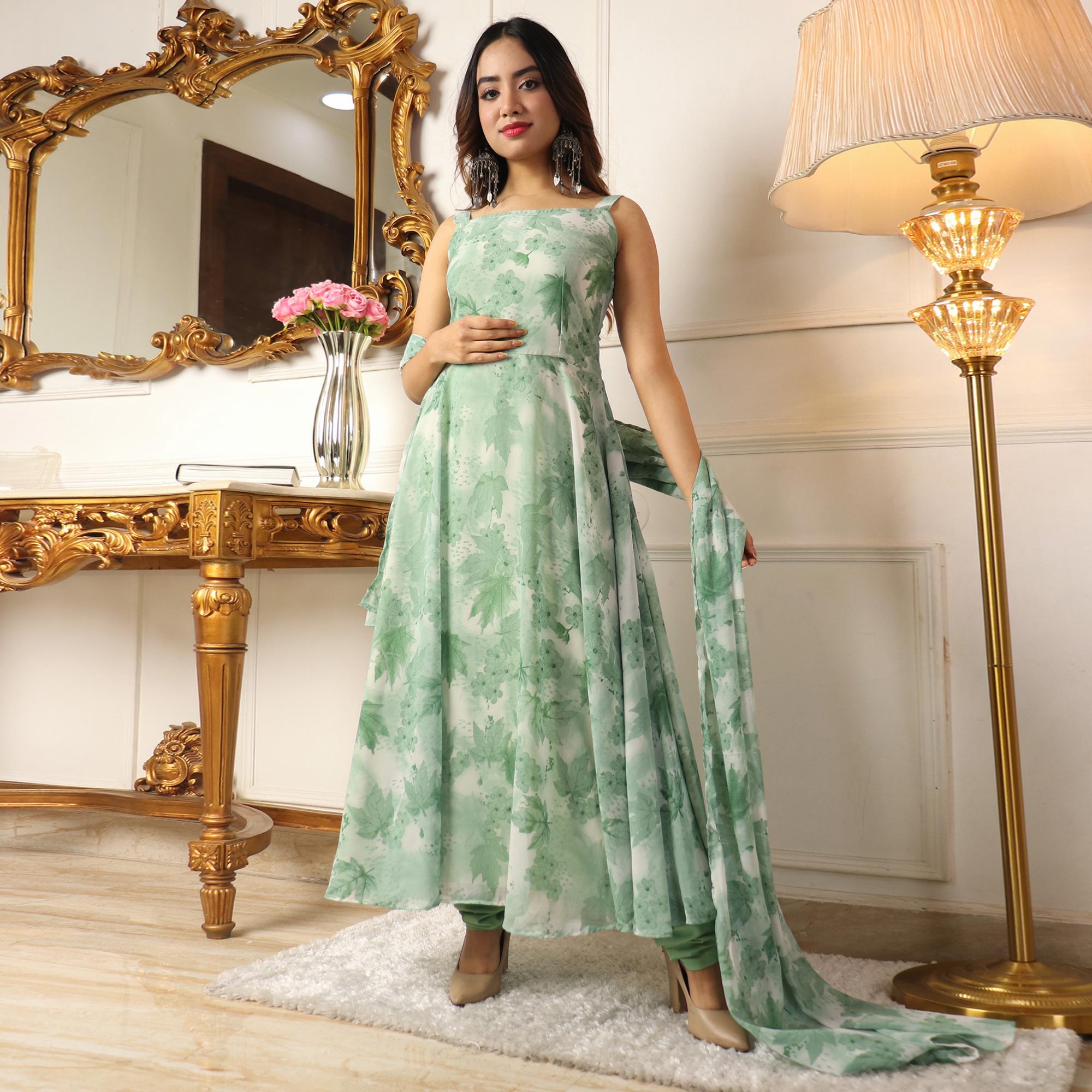 Green Floral Printed Georgette Anarkali Suit