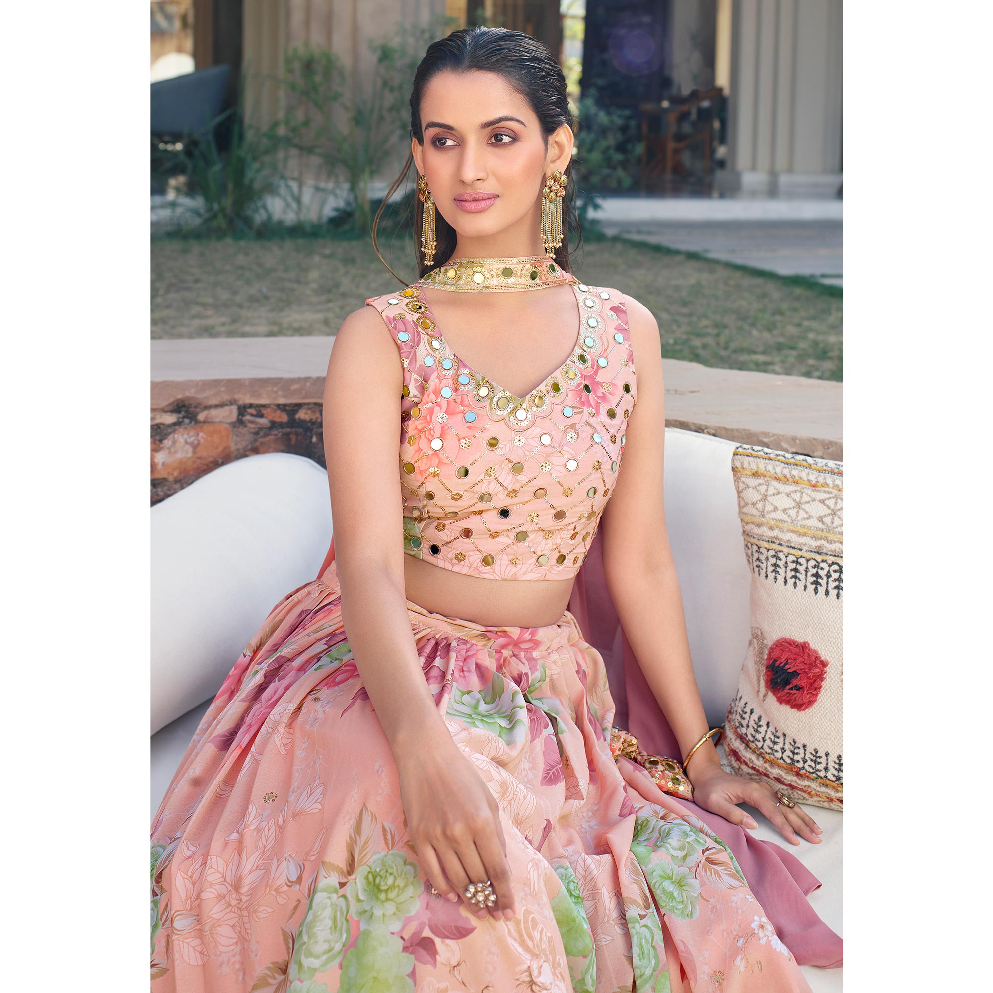 Pink Printed With Sequins Embroidered Georgette Lehenga Choli