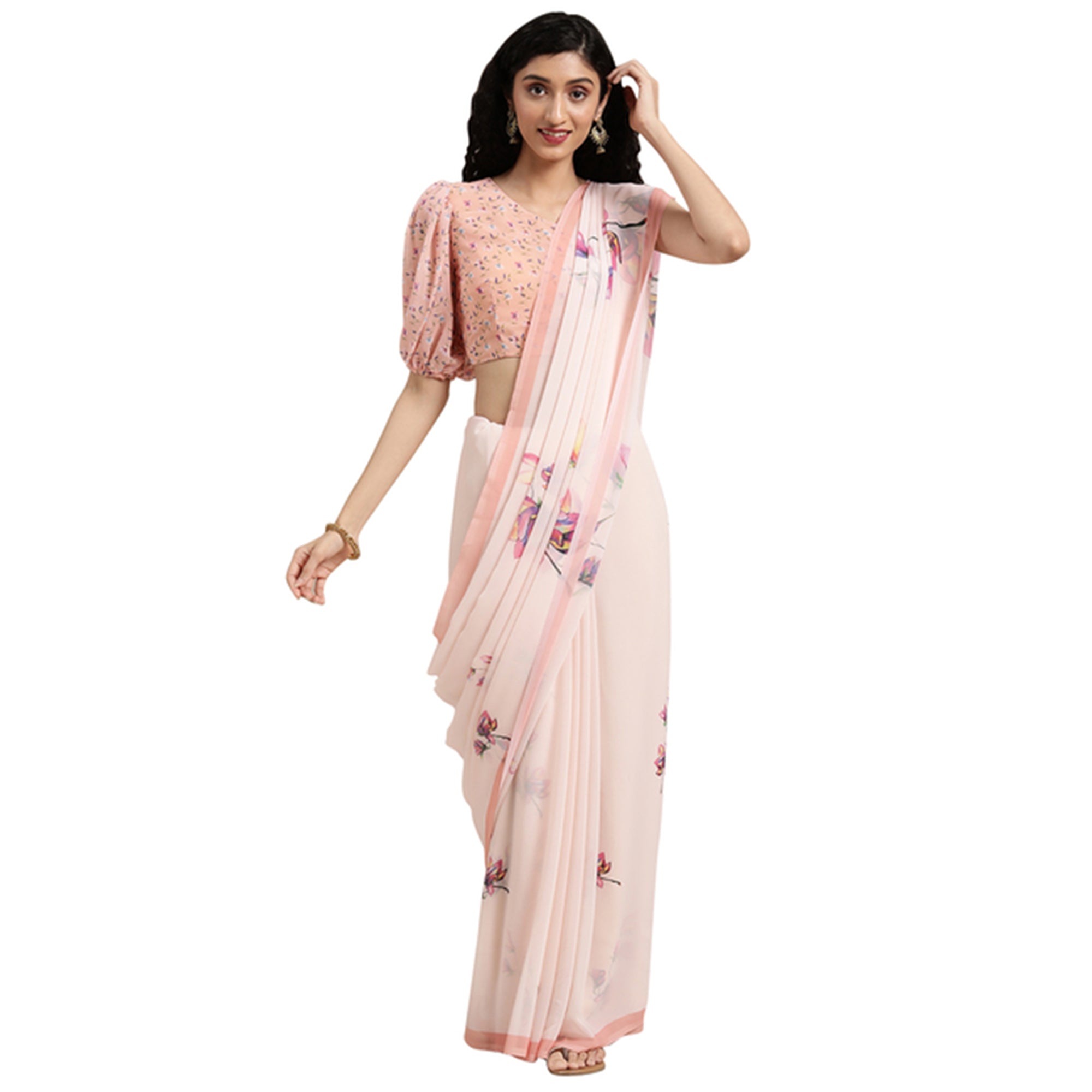 Peach Floral Digital Printed Georgette Saree