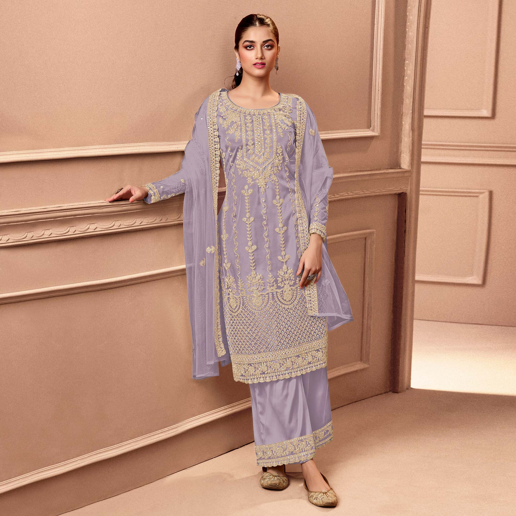 Violet Floral Embroidered Netted Pakistani Suit