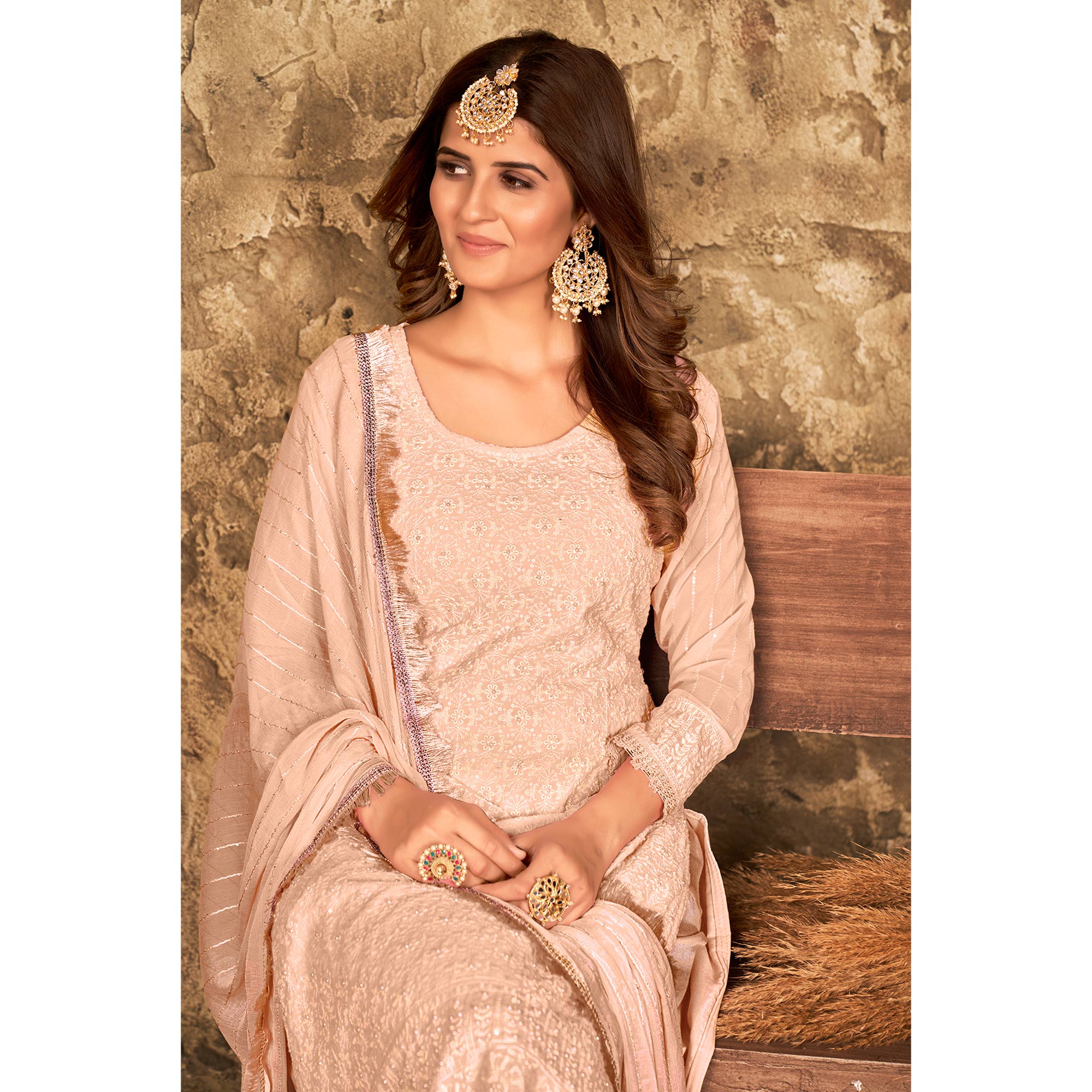 Peach Floral Sequins Embroidered Georgette Suit