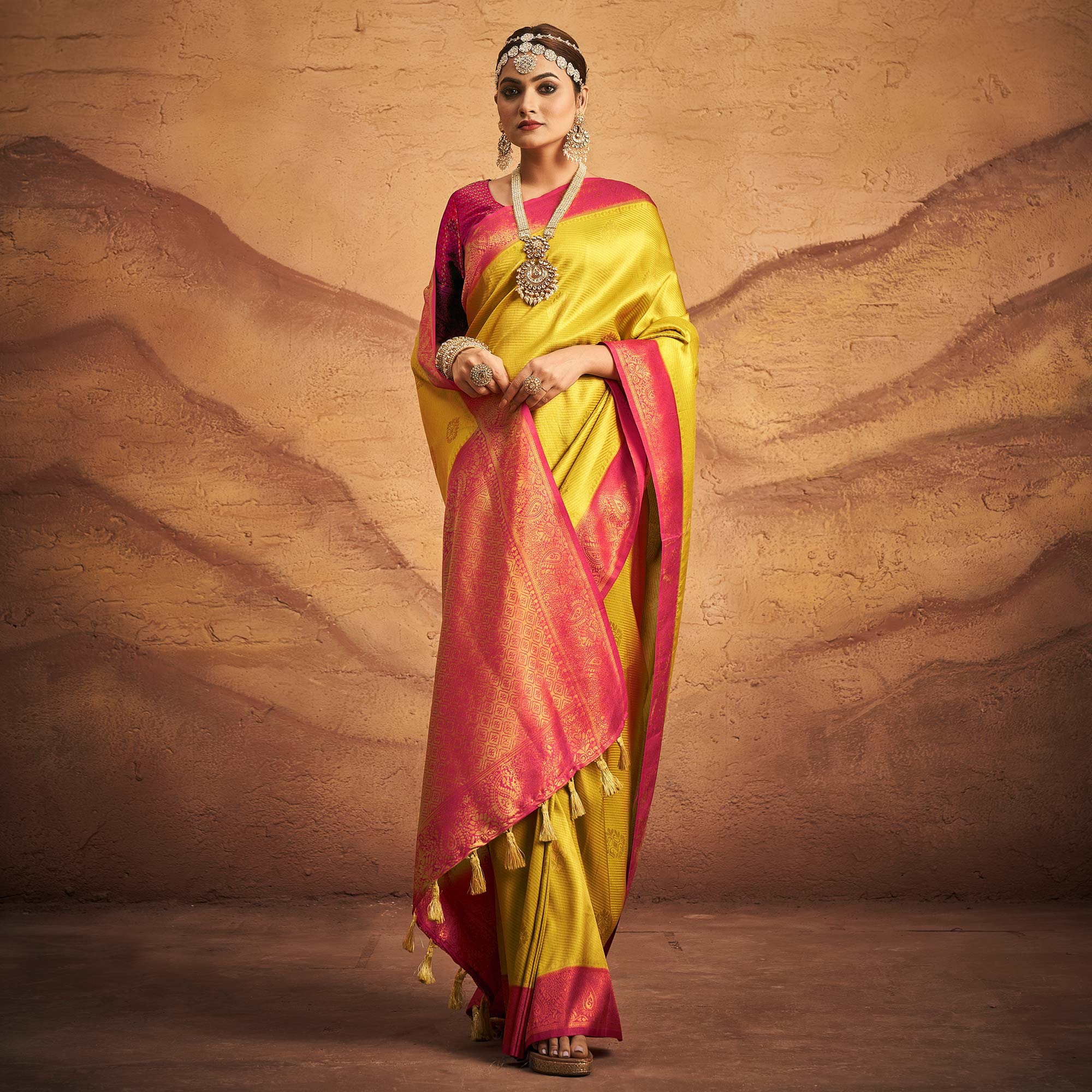 Lemon Yellow Woven Art Silk Saree With Tassels