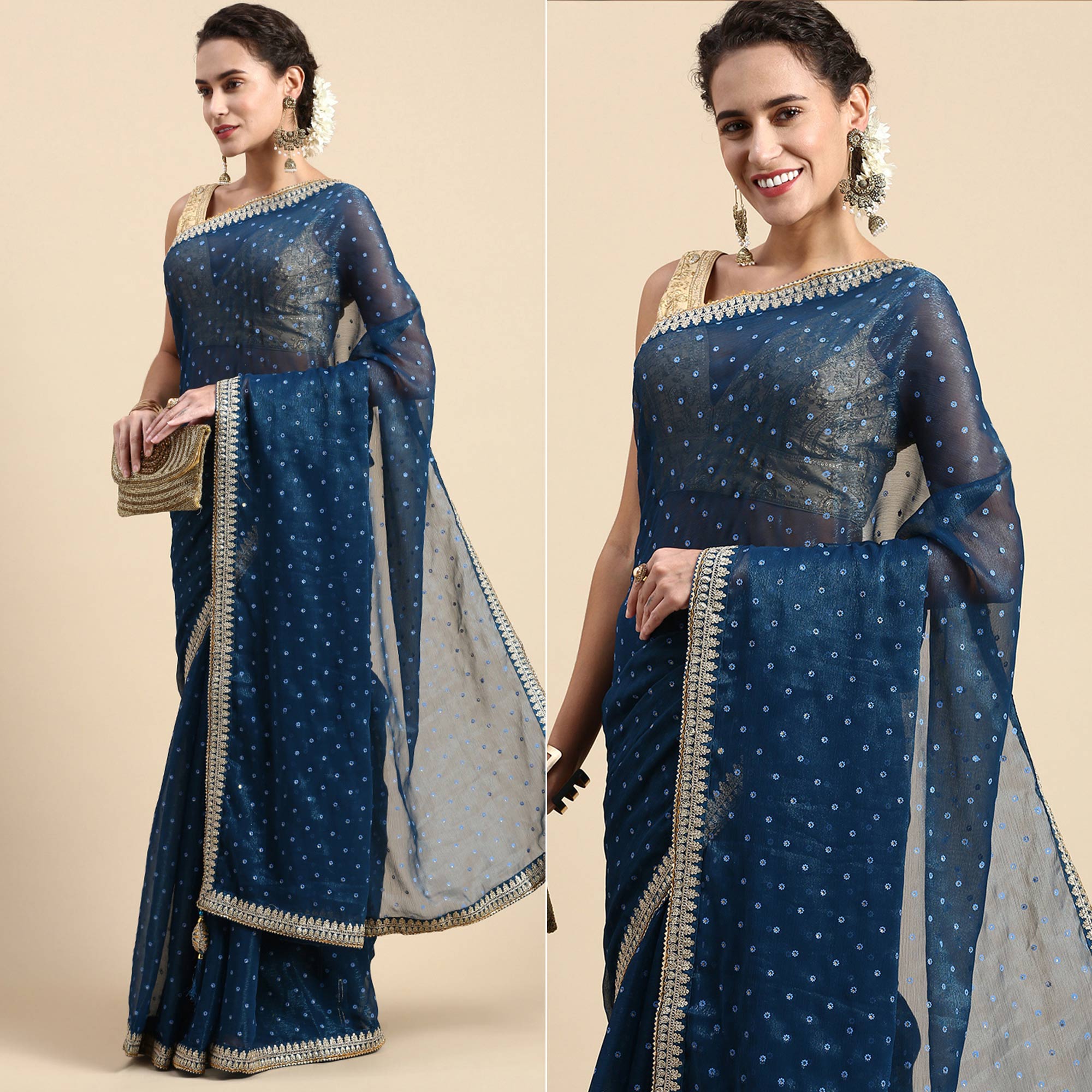 Blue Foil Printed With Embroidered Border Chiffon Saree