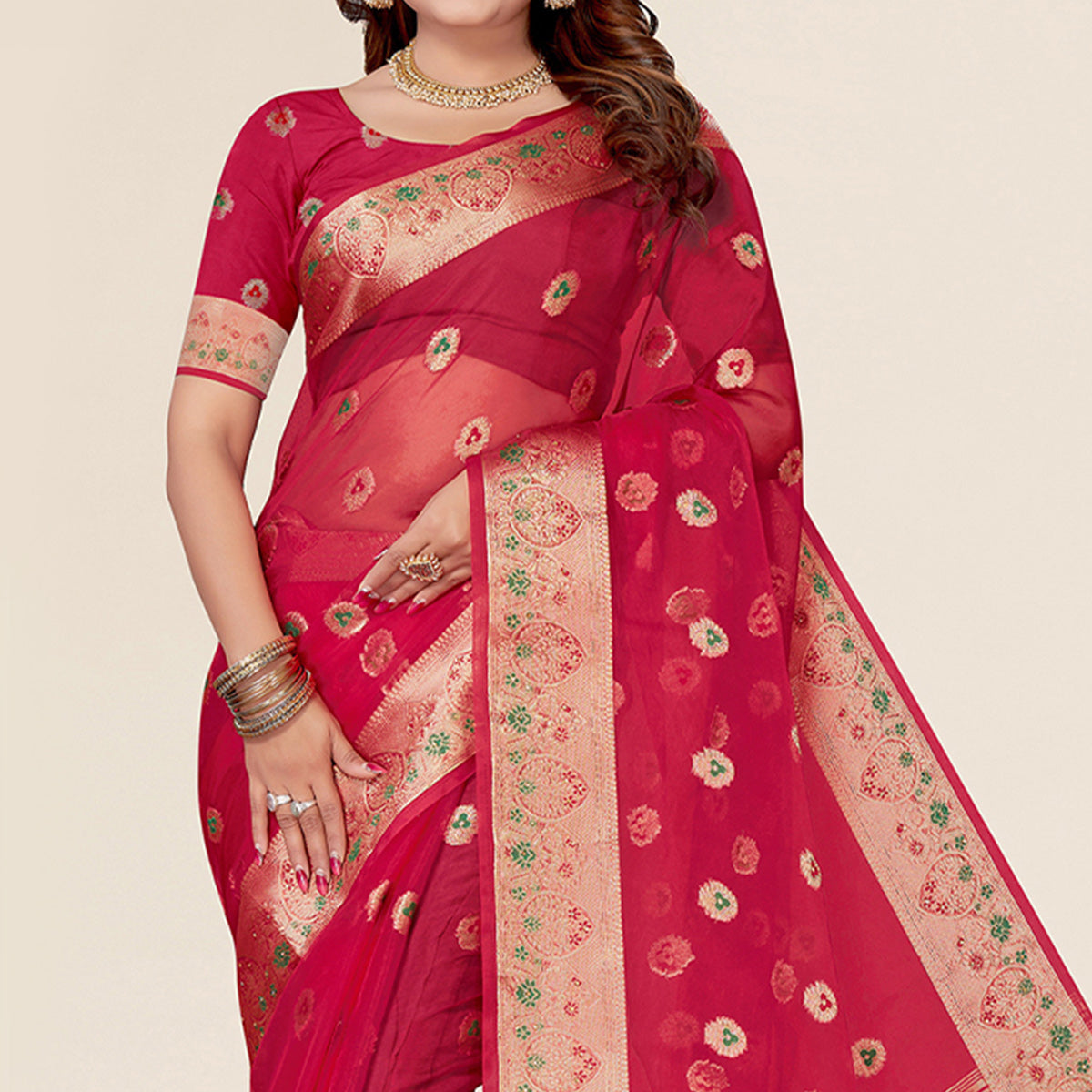 Pink Woven Organza Saree With Tassels