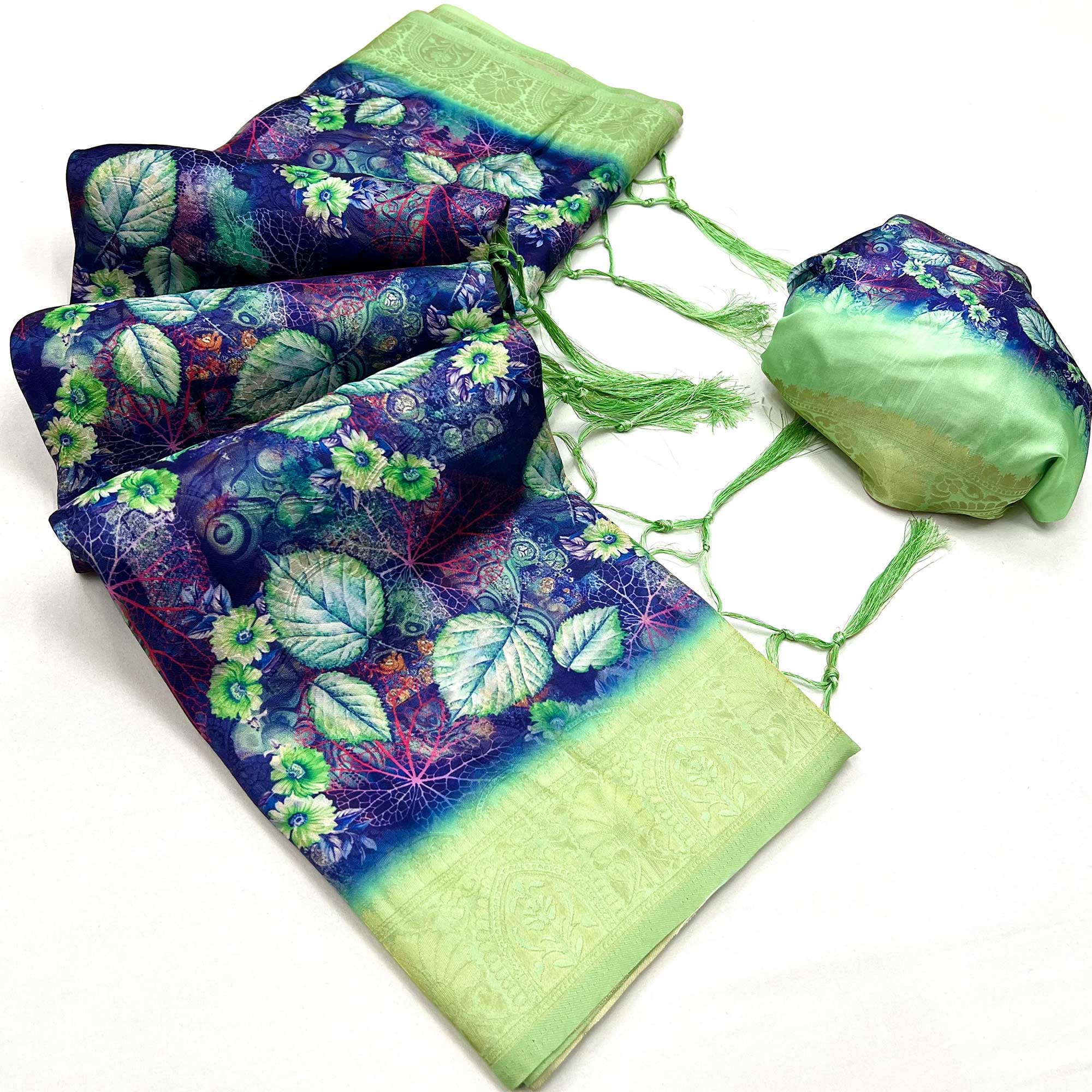 Blue & Green Floral Digital Printed Jacquard Saree