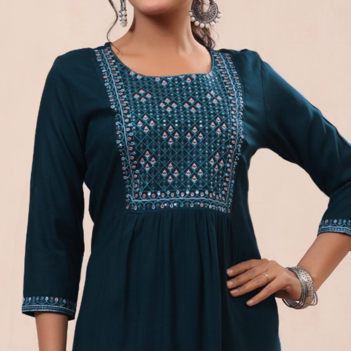 Bottle Green Floral Embroidered Rayon Kurti