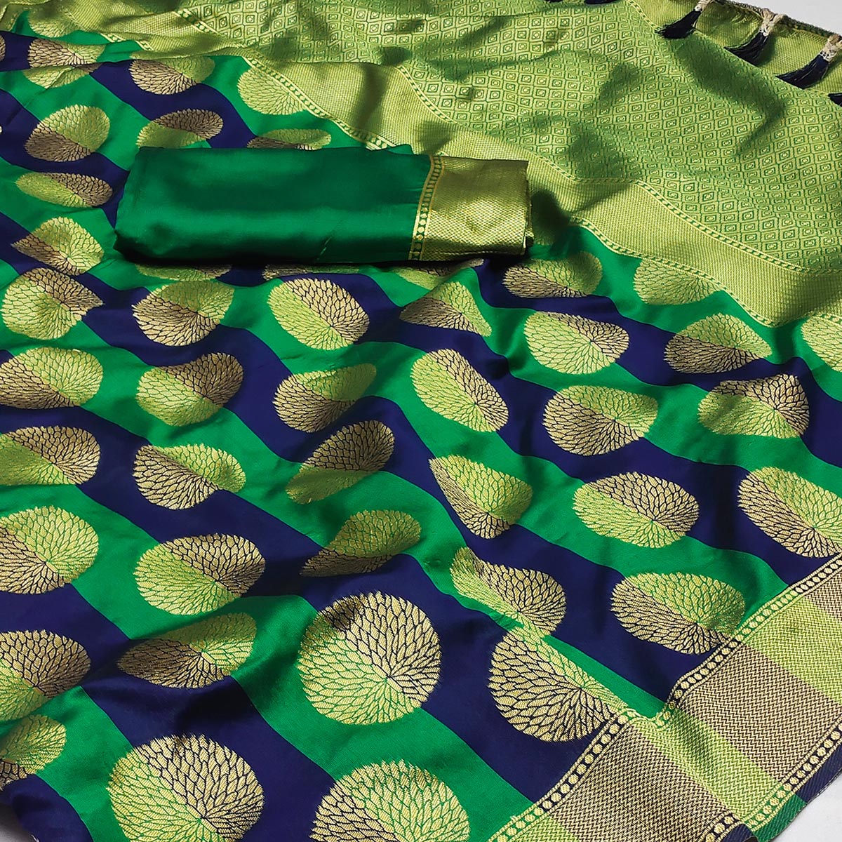 Green And Blue Woven Jacquard Saree With Tassels