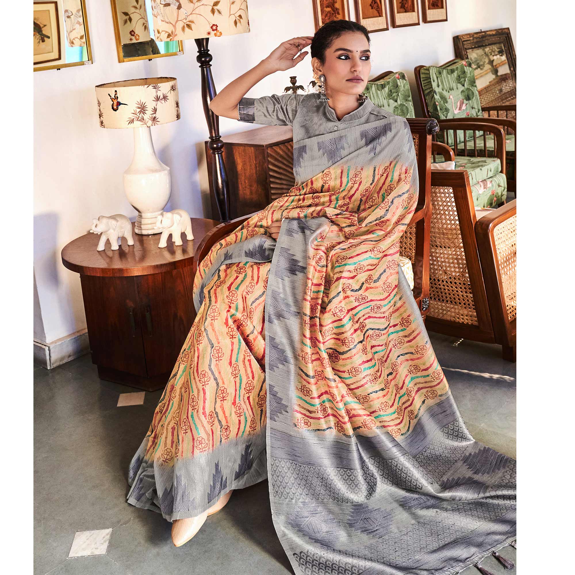 Beige Digital Printed Raw Silk Saree With Tassels