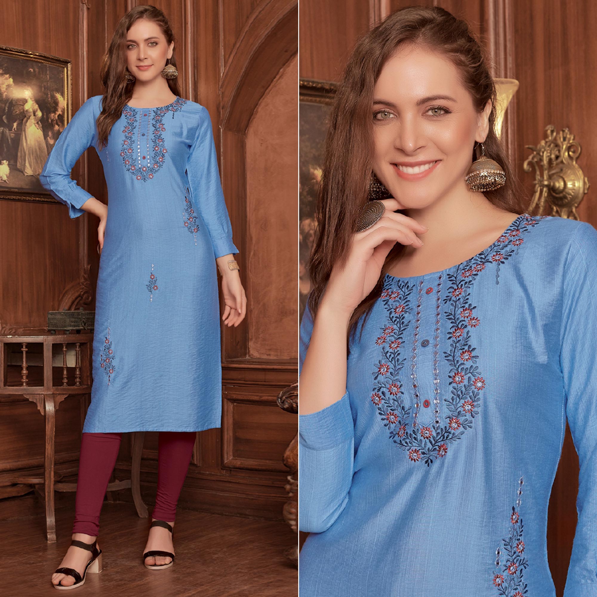 Blue Floral Embroidered Rayon Kurti