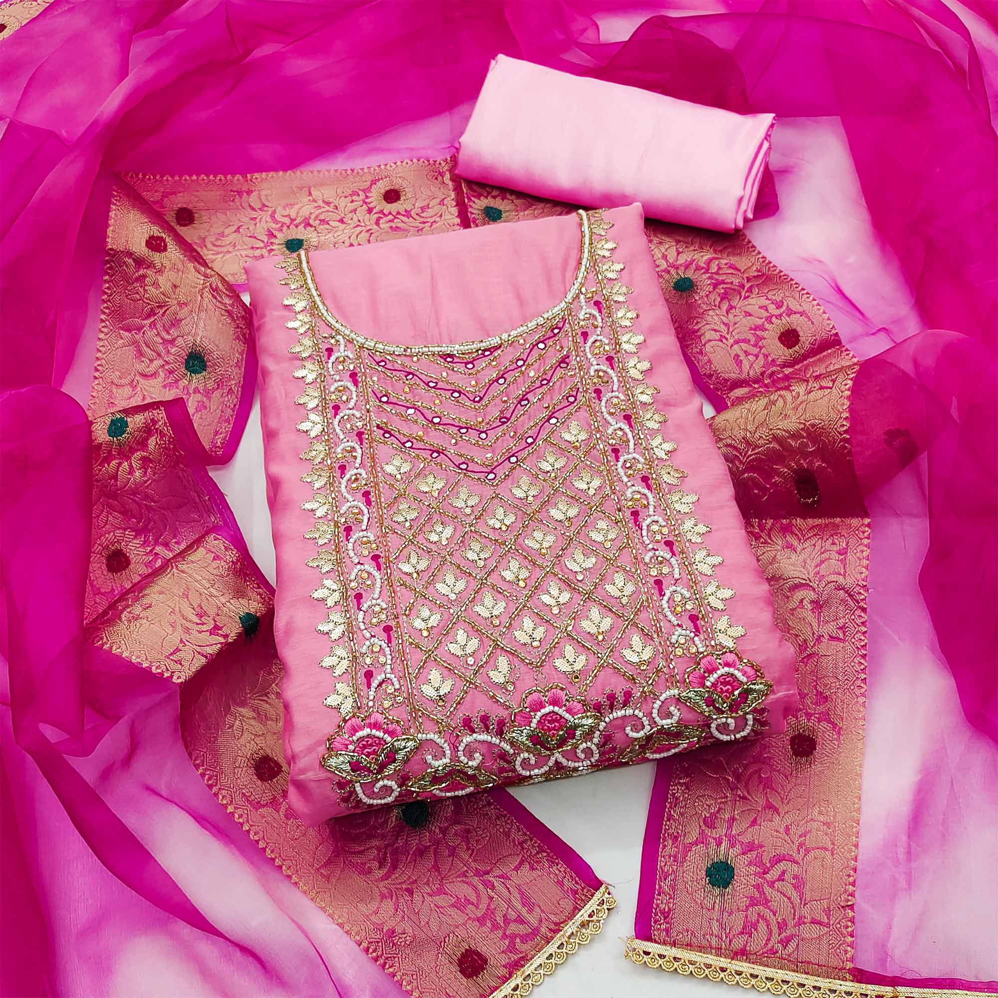Pink Handwork Modal Dress Material