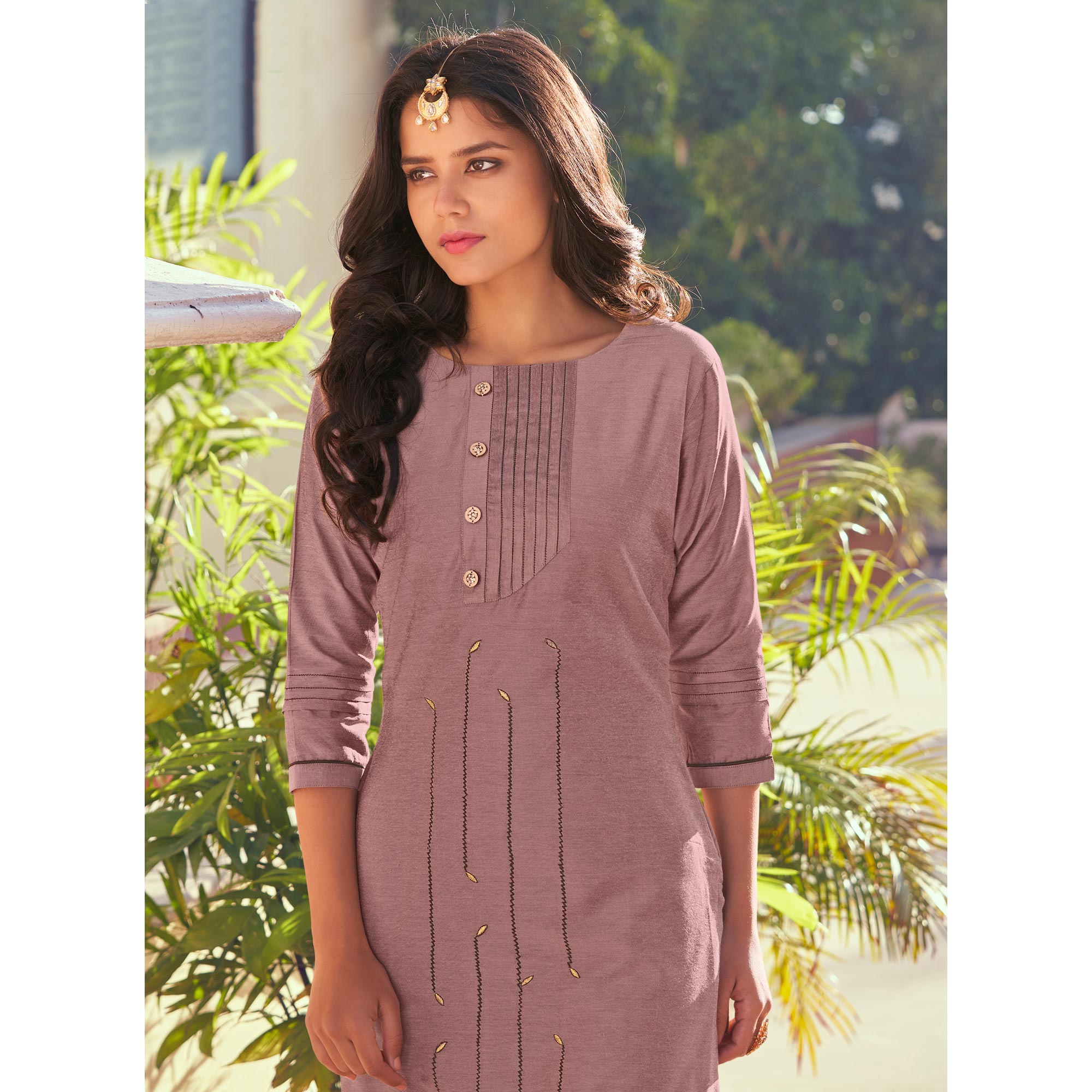 Mauve Embroidered Art Silk Kurti Pant Set