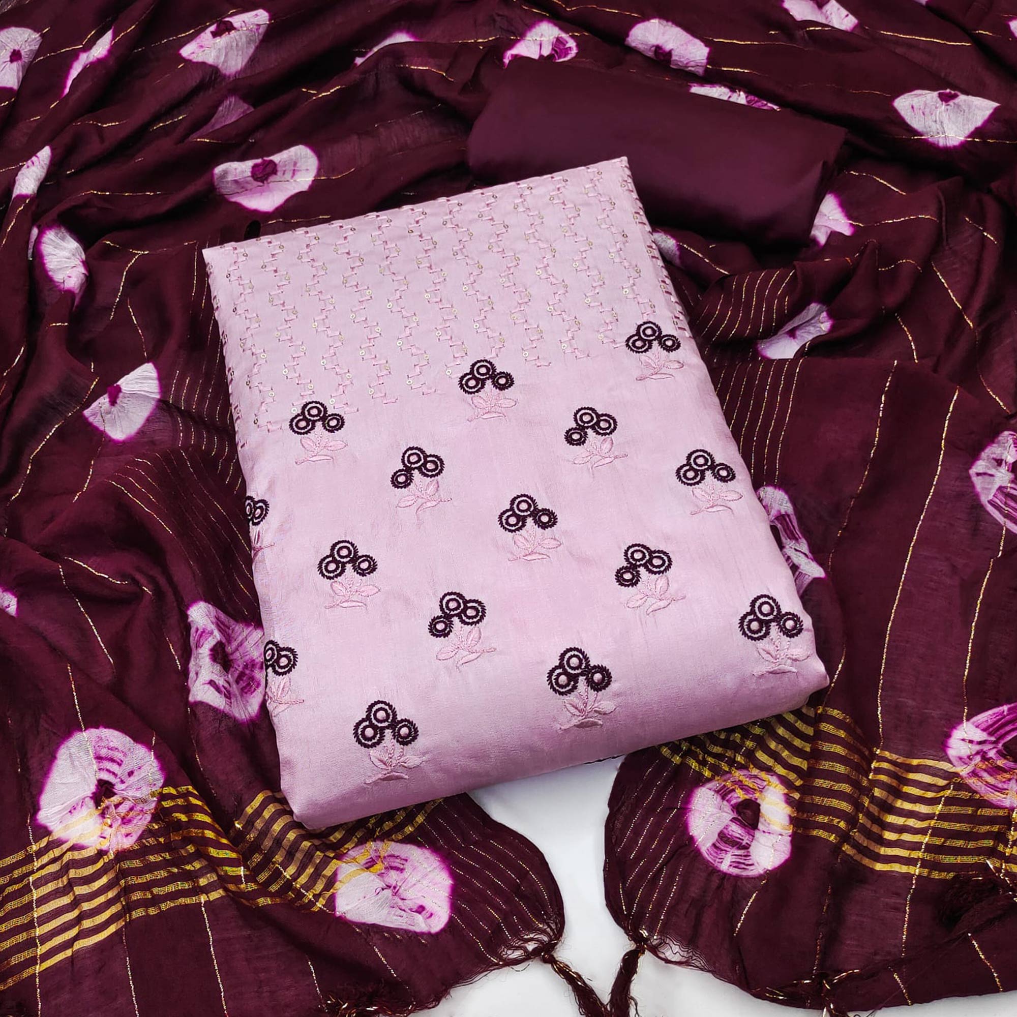 Pink Floral Sequins Embroidered Art Silk Dress Material