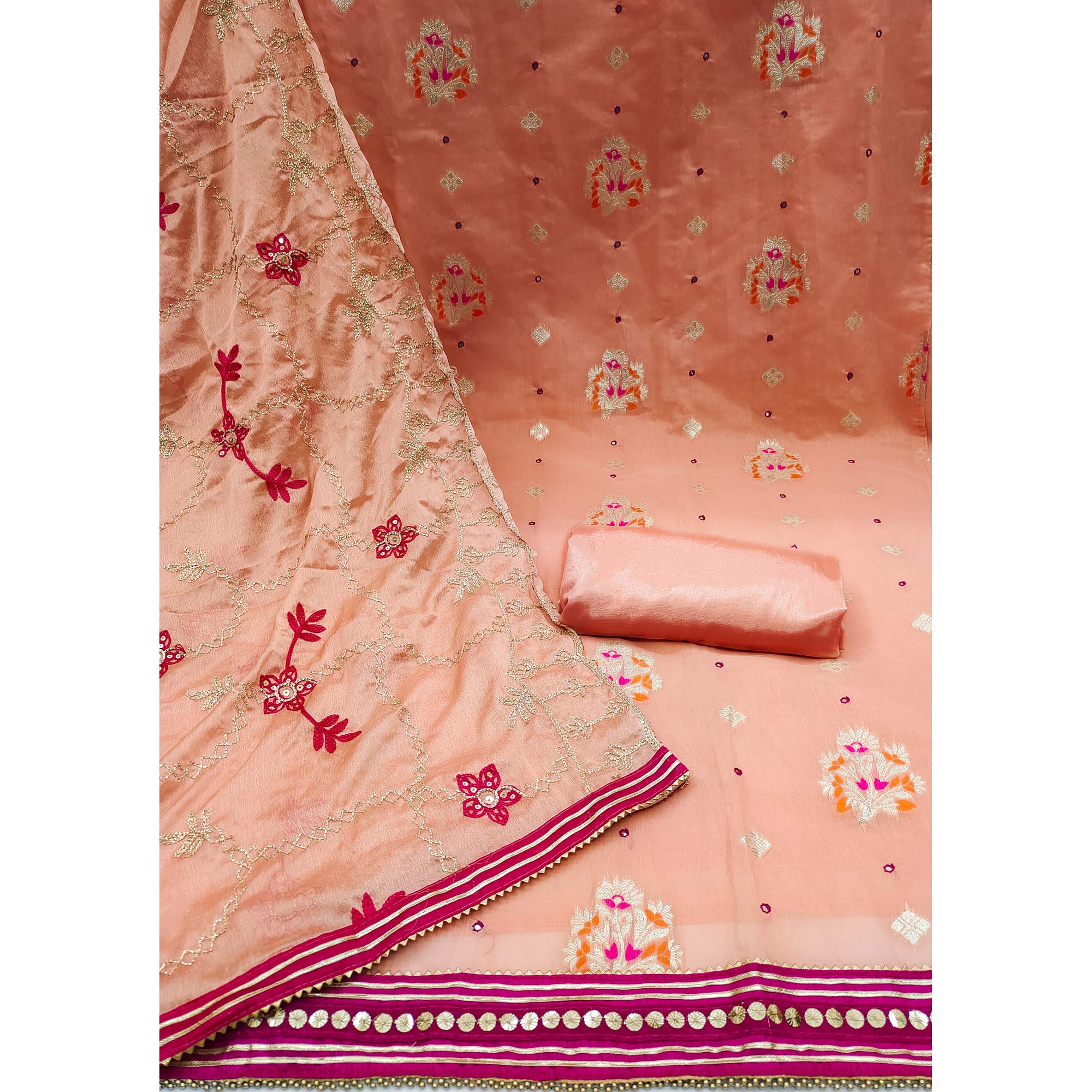 Peach Floral Woven Banarasi Silk Dress Material
