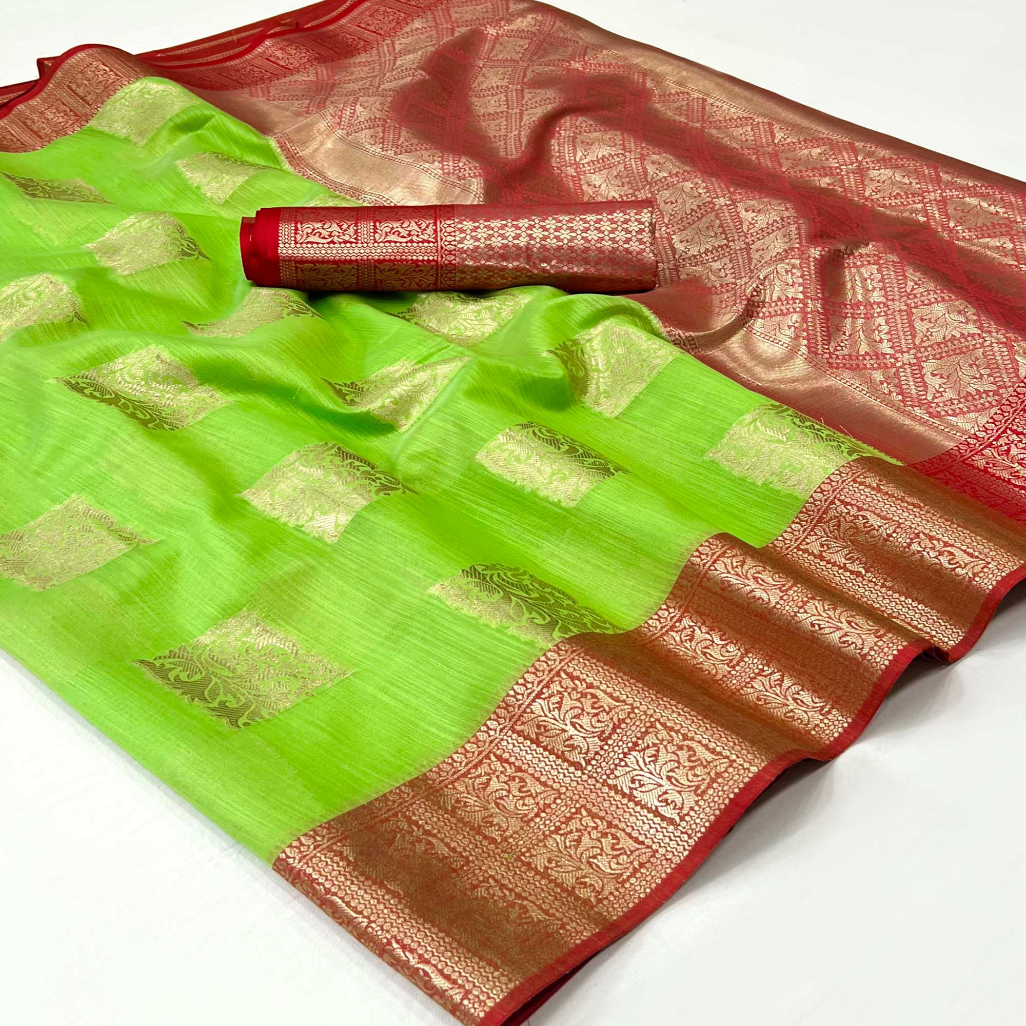 Green Woven Linen Saree With Tassels