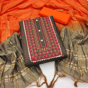 Grey Floral Embroidered Cotton Blend Dress Material