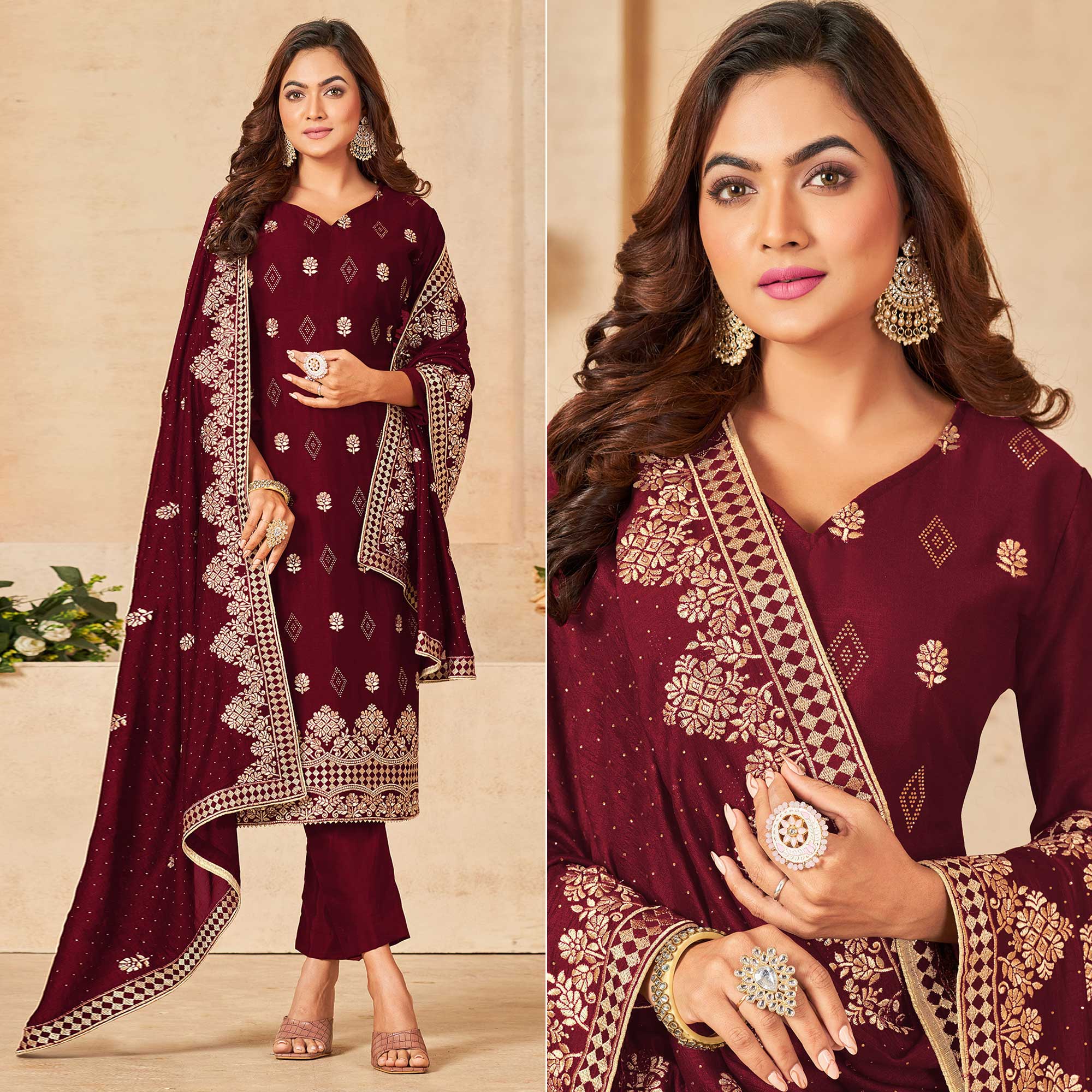 Maroon Embroidered Vichitra Silk Suit