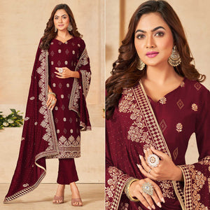 Maroon Embroidered Vichitra Silk Suit