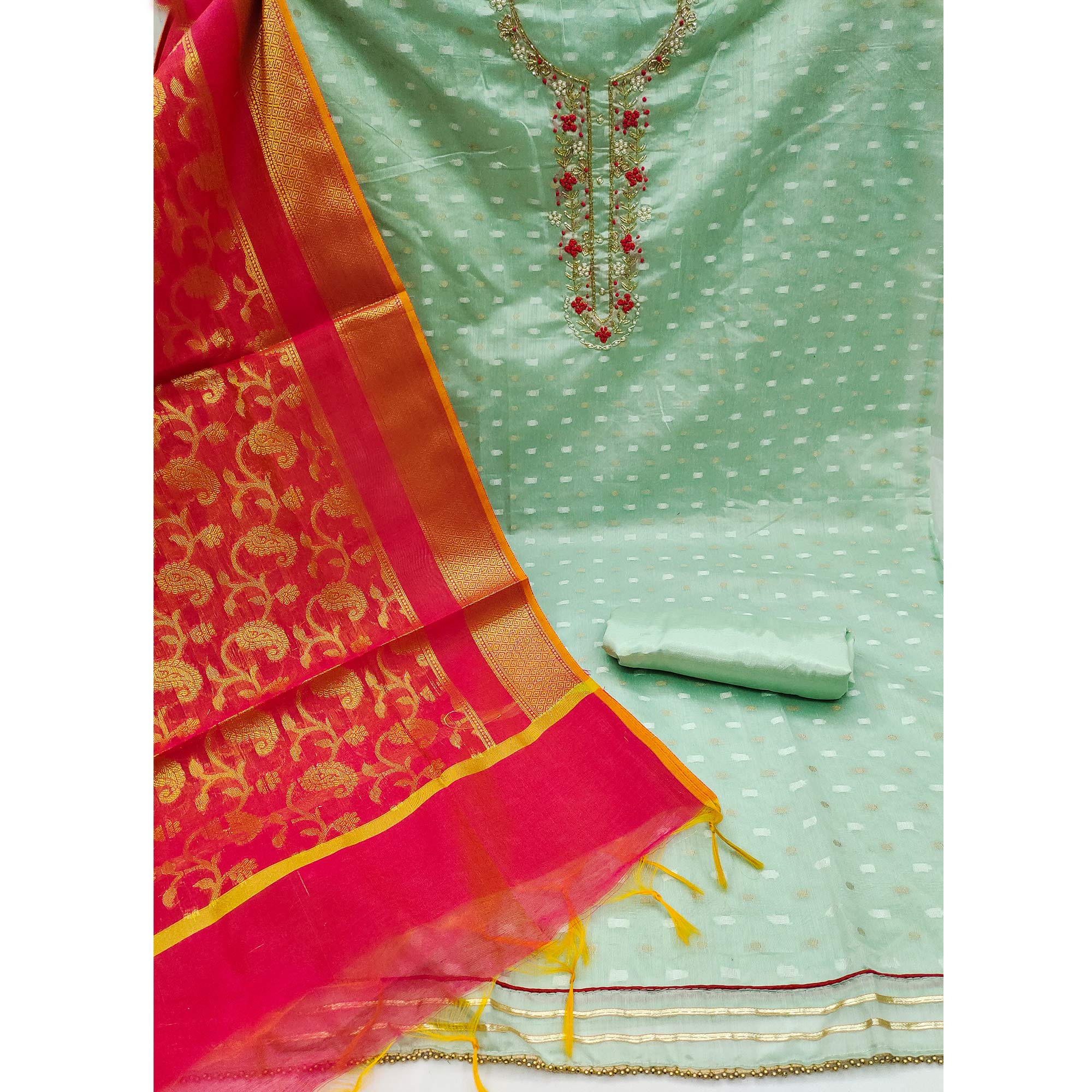 Pastel Green Woven Banarasi Silk Dress Material