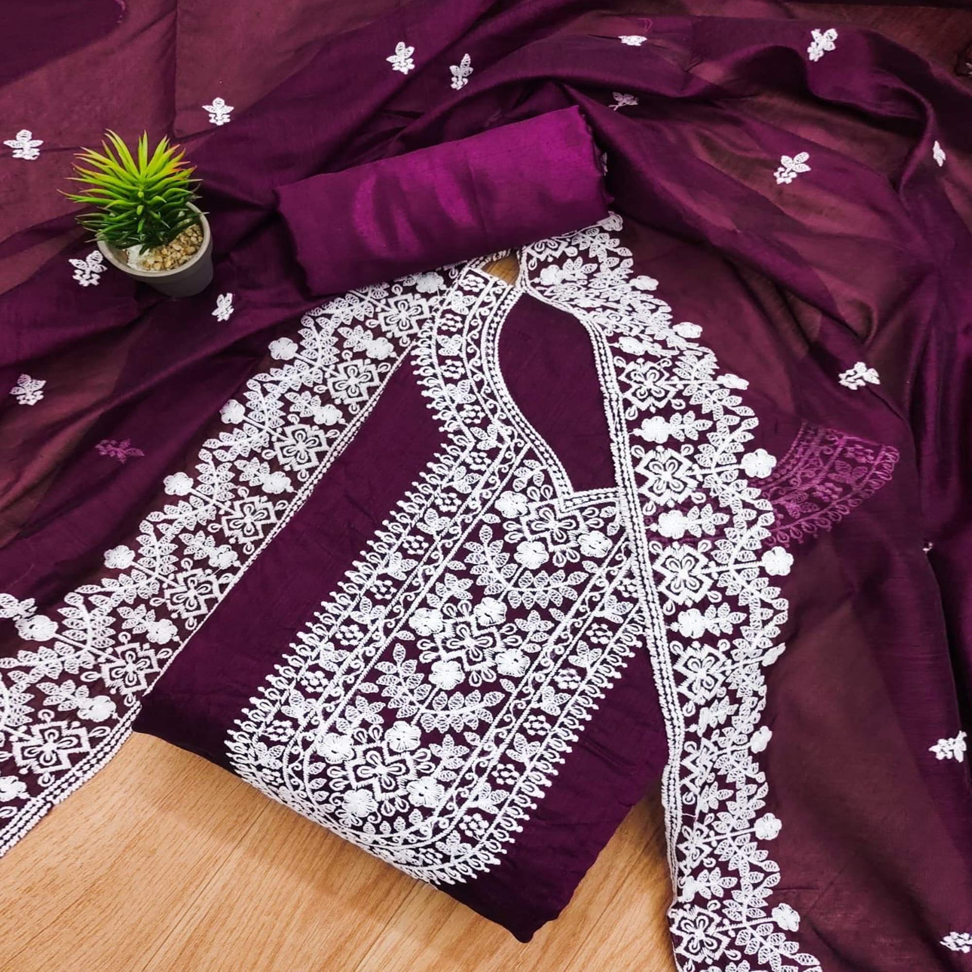 Wine Lucknowi Embroidered Modal Dress Material