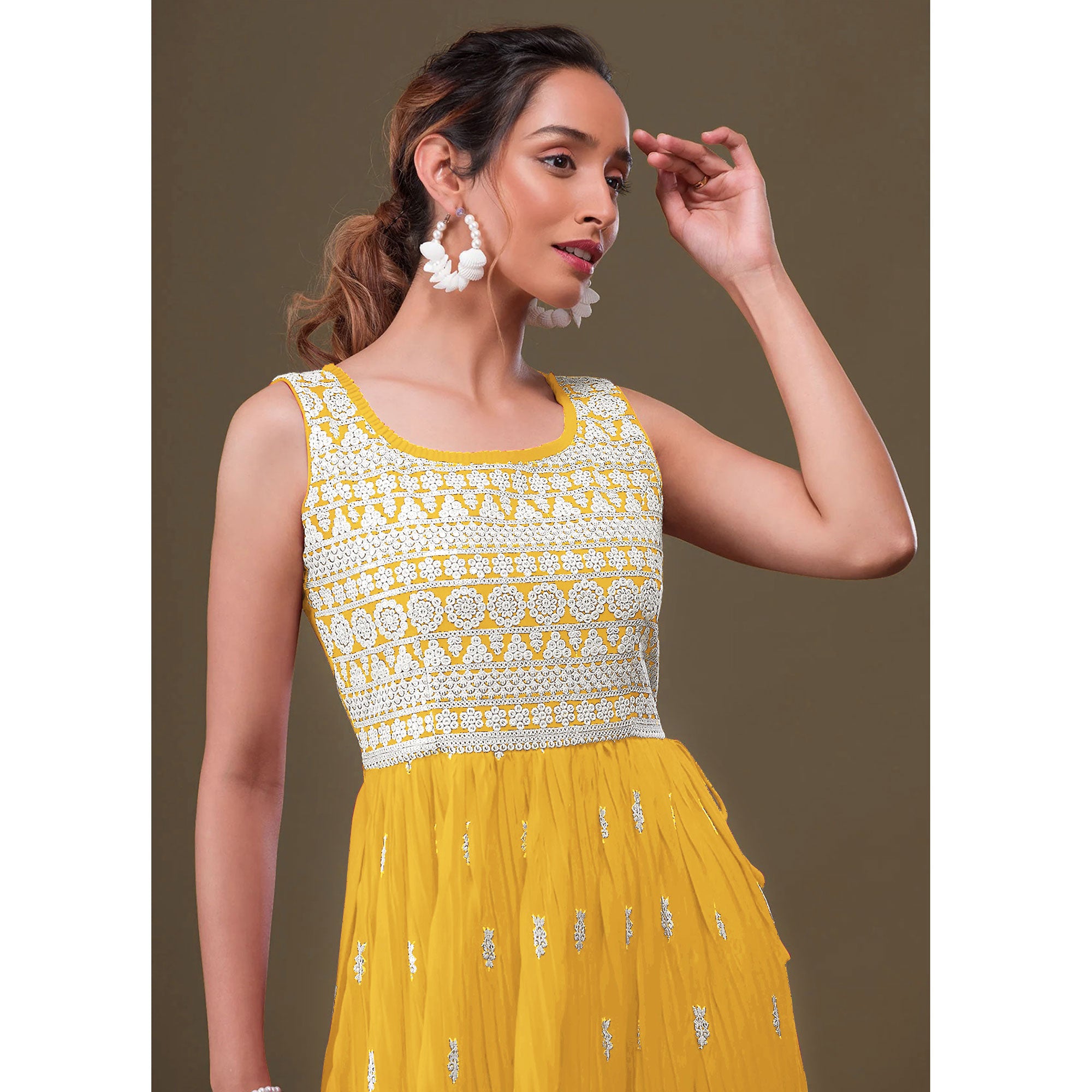 Yellow Sequins Embroidered Georgette Semi Stitched Naira Cut Palazzo Suit