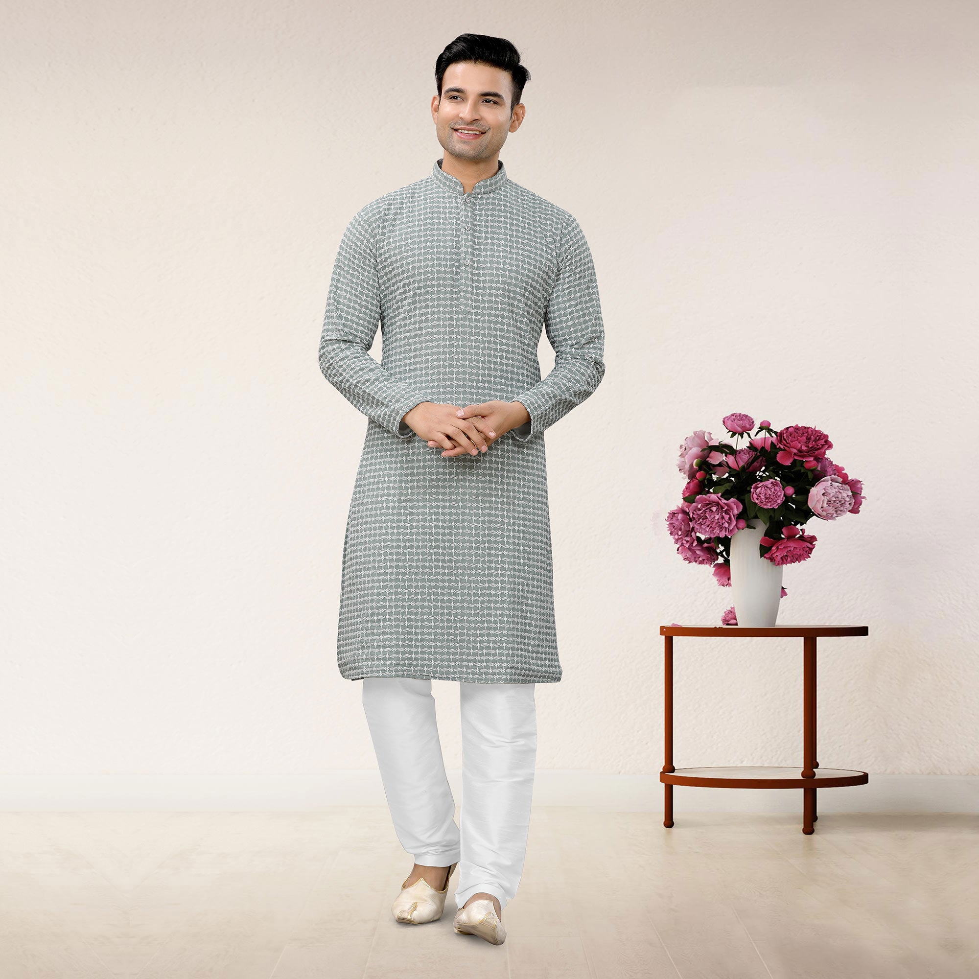 Grey Lucknowi Embroidered Georgette Kurta Pyjama Set