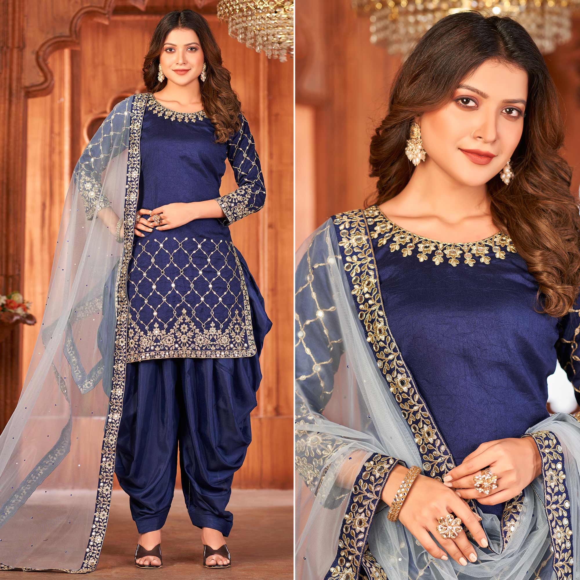 Navy Blue Embroidered Art Silk Patiala Suit