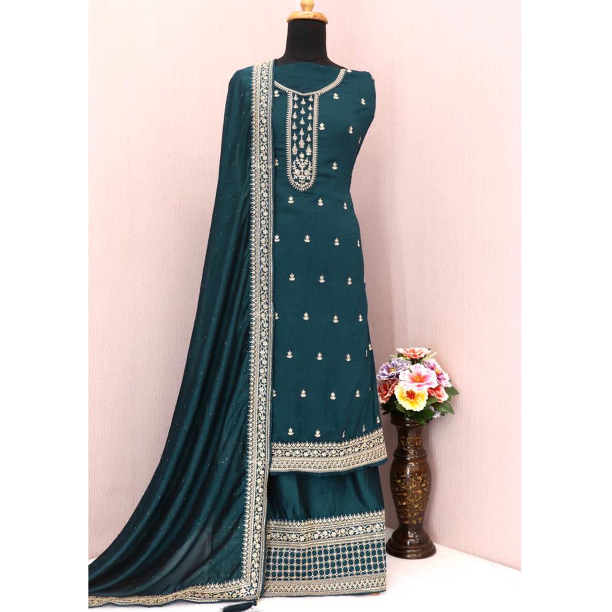 Aqua Blue Floral Embroidered Georgette Semi Stitched Palazzo Suit
