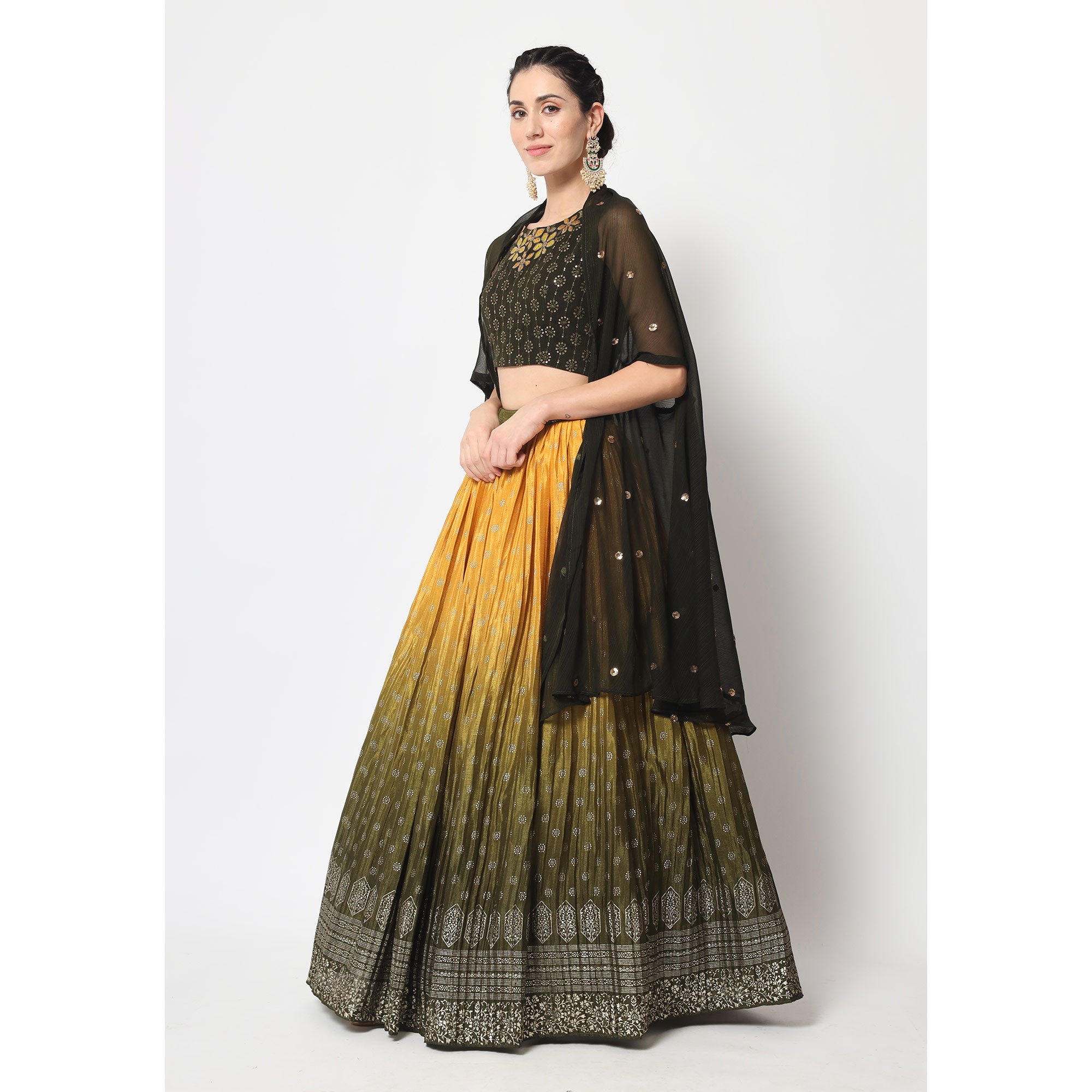 Mustard & Olive Foil Printed Chiffon Lehenga Choli
